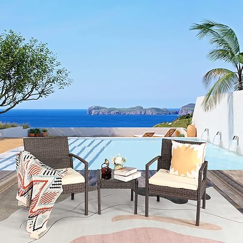 KAWIVAST 3 Pieces Patio Furniture Set, Front Porch Furniture, Rattan Wicker Furniture, Balcony Furniture Set, Small Patio Furniture,Outdoor Patio Furniture, Bistro Sets