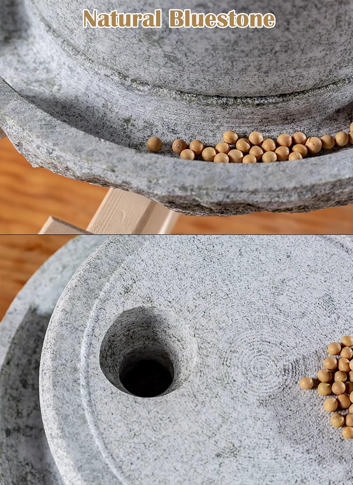 Moulin à grains manuel pour farine, moulin à grains en pierre avec cadre en bois, moulins secs/humides, moulin à grains en pierre, pour grains, fèves, orge, épices