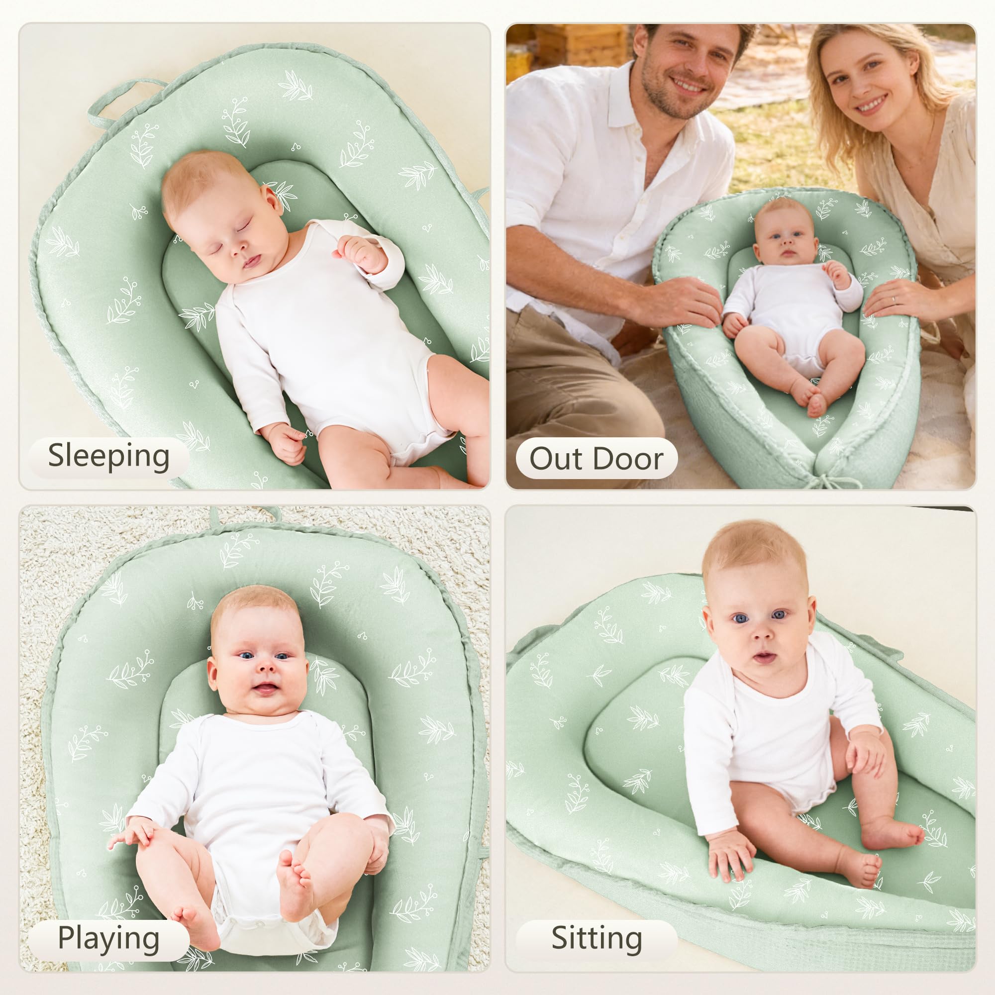 Susurration Baby-Nestchen für Neugeborene, tragbare glatte Mikrofaser, Baby-Liege, Schlafkissen, Baby-Essentials Geschenke für Jungen und Mädchen, Zuhause und Reisen (grüner Bambus)