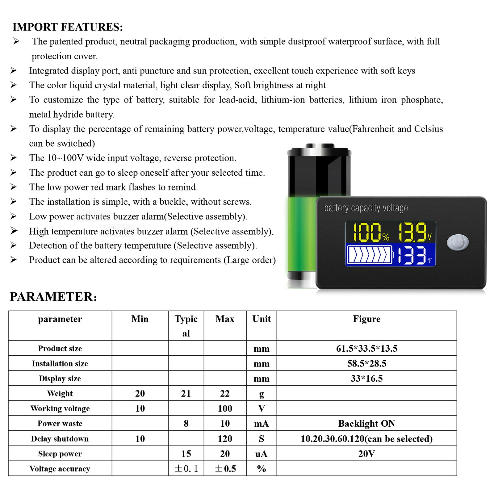 Battery Capacity Voltage Meter with Alarm and External Temperature Sensor 0-179 °F Temperature Monitor 12V 24V 36V 48V 60V 72V Acid Lithium Battery Gauge Meter for Most Cars(2 Pieces)