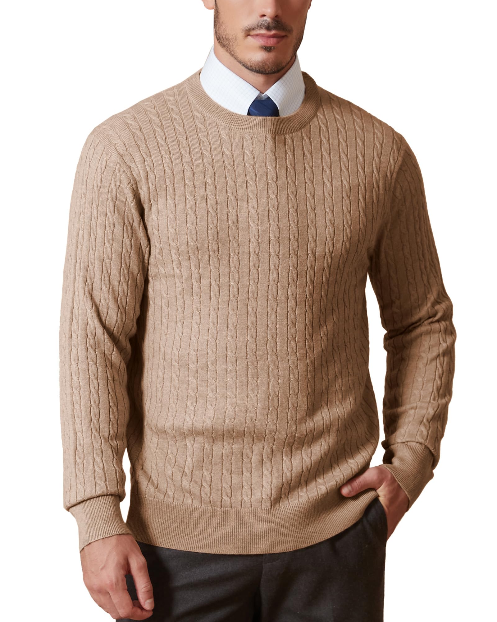 Kallspin Men’s Wool Blend Jumper Sweater Cable-Knit Crewneck Pullover Casual Knitwear(Coffee, M)