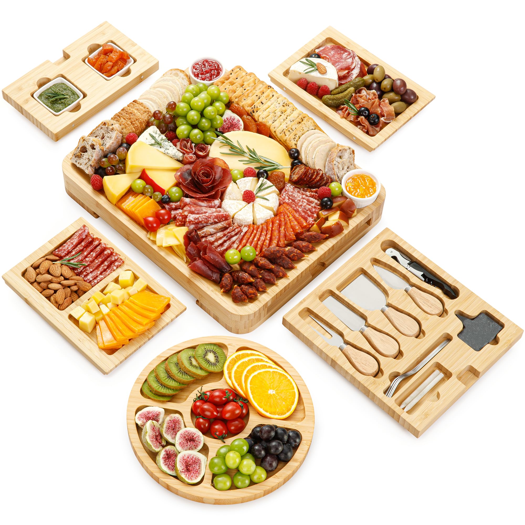 Coffret cadeau premium de planches à charcuterie - 23 pièces, bambou - Grande planche à fromage + plateau pour la fête des Mères, un anniversaire, une pendaison de crémaillère, une fête prénuptiale