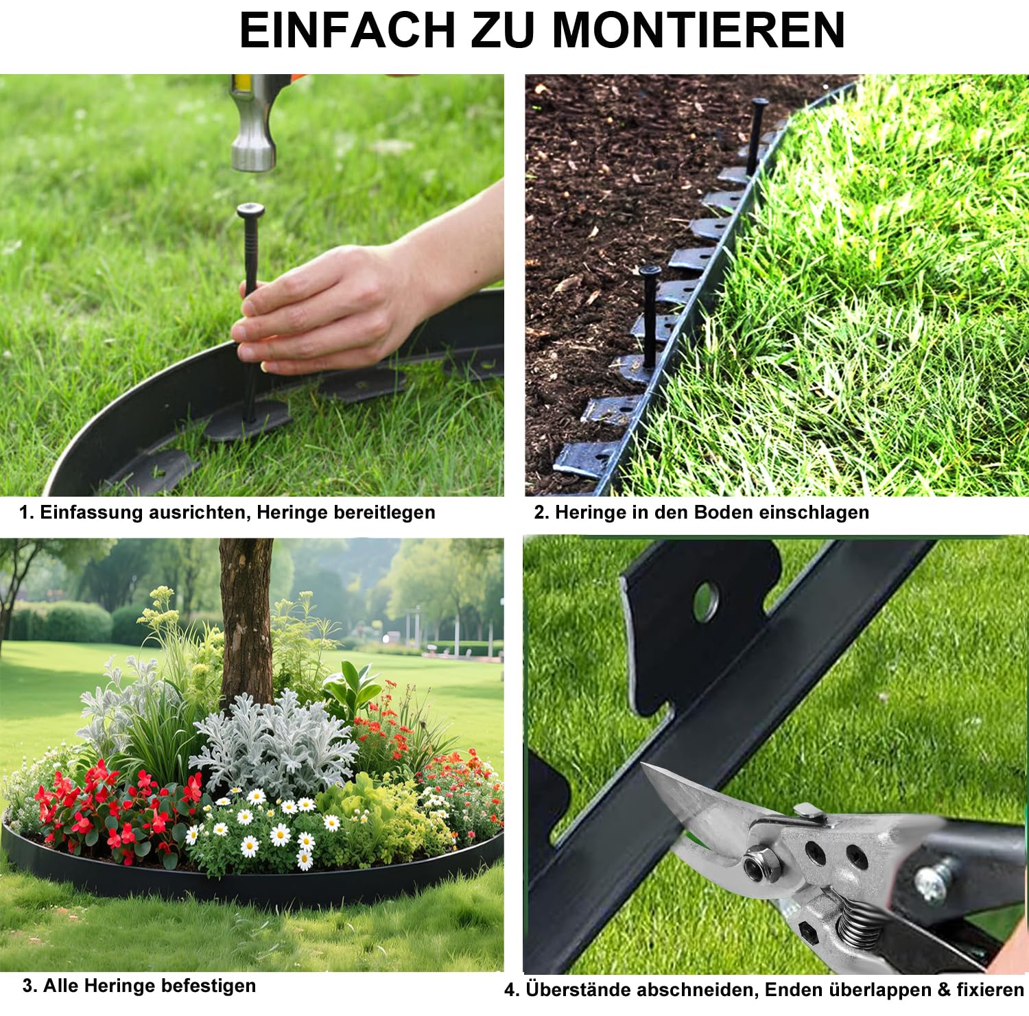 Bordillo para Césped Flexible de Plástico, Rejilla para Césped, Bordillo de Jardín para Delimitación, Jardín, Terraza y Parterres, 10m×5cm Alto con 30 Piquetes de Anclaje, Verde