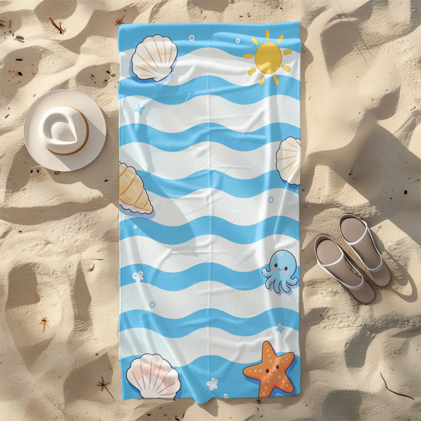 Microfibre Beach Towel 180x90cm Conch Yellow Blue Extra Large Beach Towels Sandproof Quick Dry Foldable Storage for Travel Beach Pool Camping Bathing