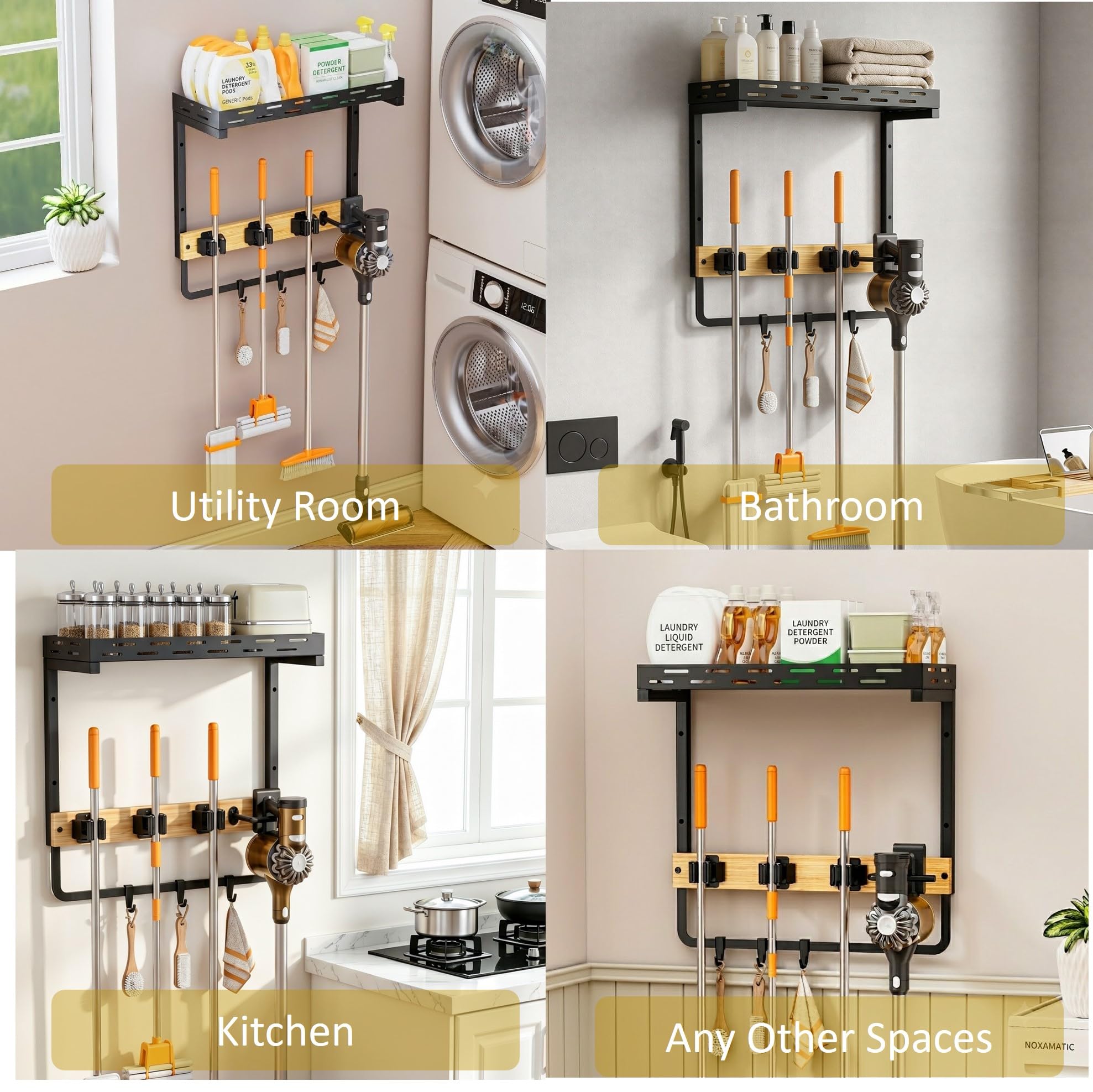 Soporte para escoba montado en la pared con estante, organizador de herramientas de limpieza de metal resistente, estante de almacenamiento al vacío con ganchos para cocina, baño, lavadero