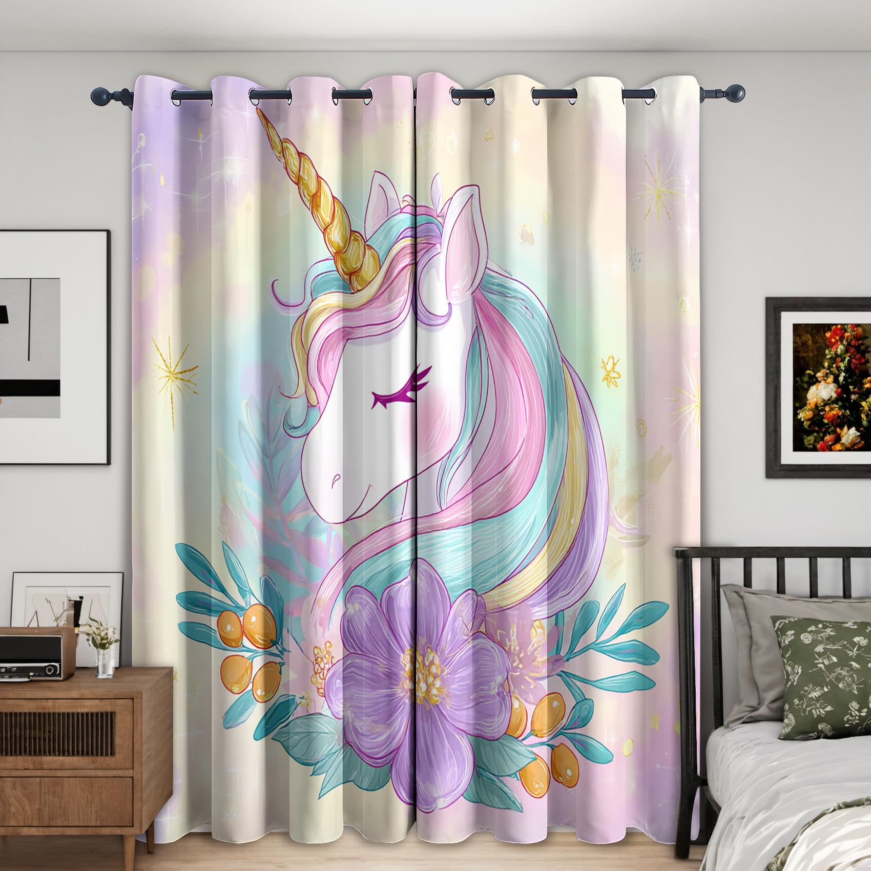 Kinder Mädchen Vorhang Mit ösen Blickdicht, Pferde Blumen Lila Vorhänge Schlafzimmer Wohnzimmer Küche 140 x 200 cm Lang, Übergardinen Innen Verdunklungsvorhänge