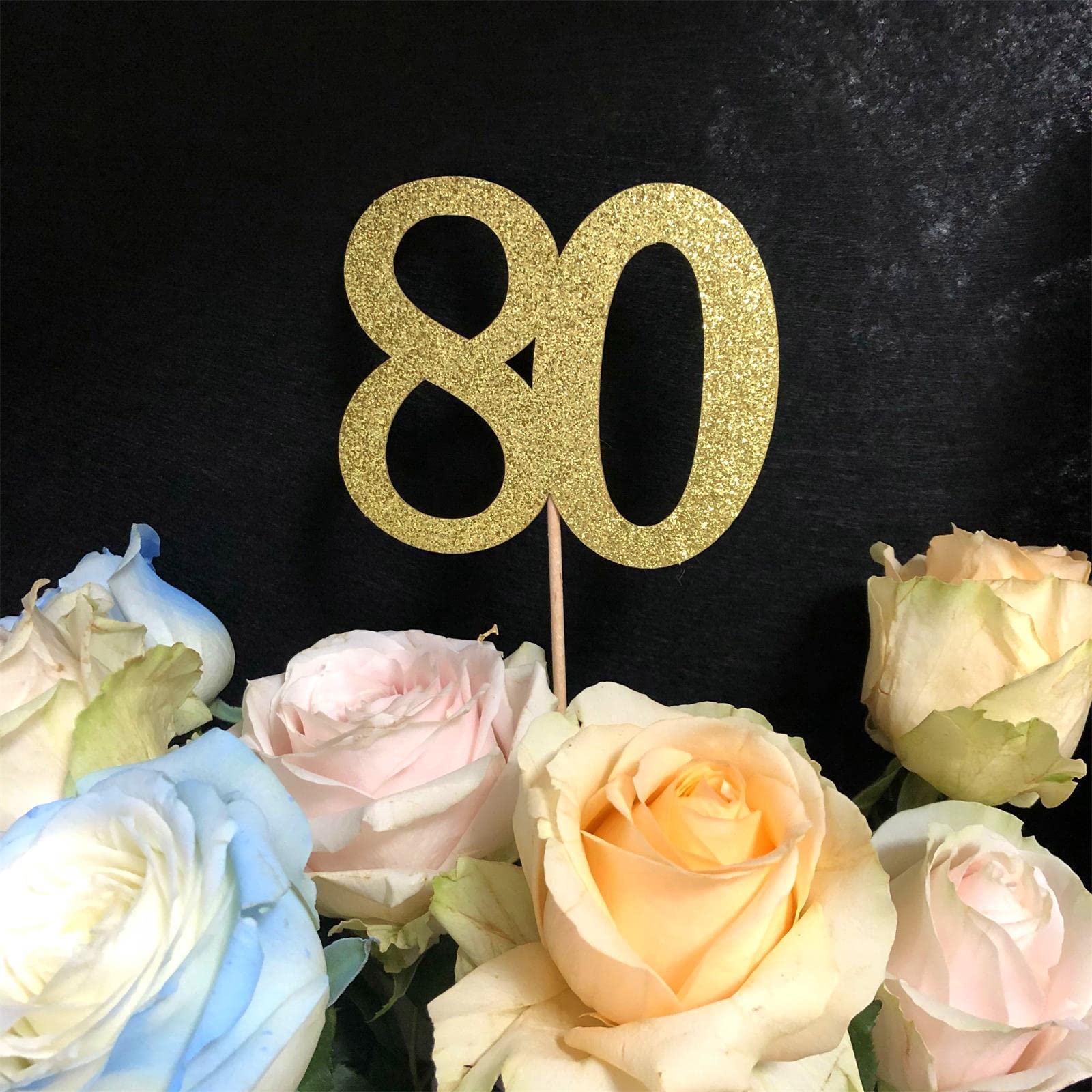 ALISSAR 10-Pack Double Sided Glitter 80th Birthday Centerpiece Sticks - Gold & Black Number 80 Table Toppers