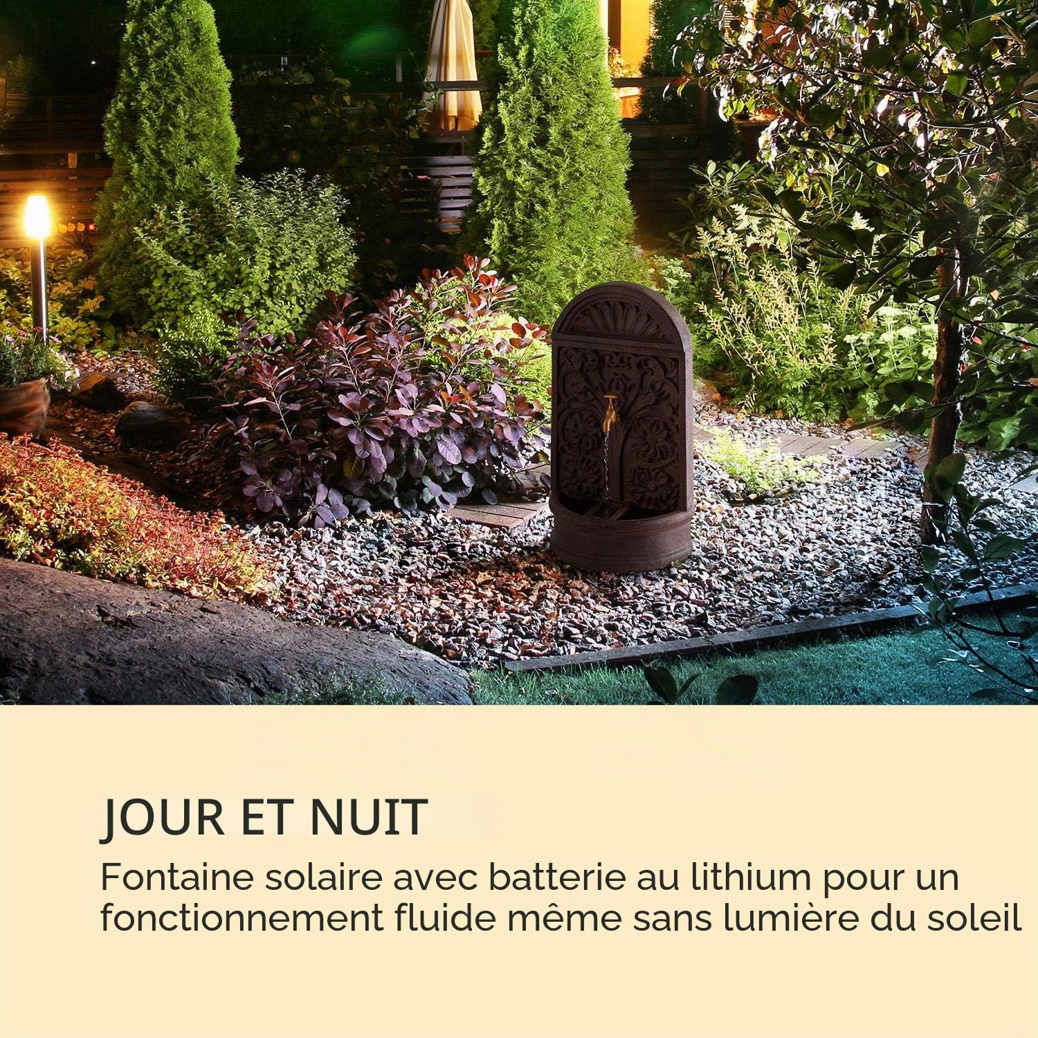 blumfeldt Blumquell - Fontaine de Jardin Solaire, décorative, éclairage LED: Blanc, pour l'extérieur, Motifs Floraux, Batterie, câble Extra Long 5m - Marron