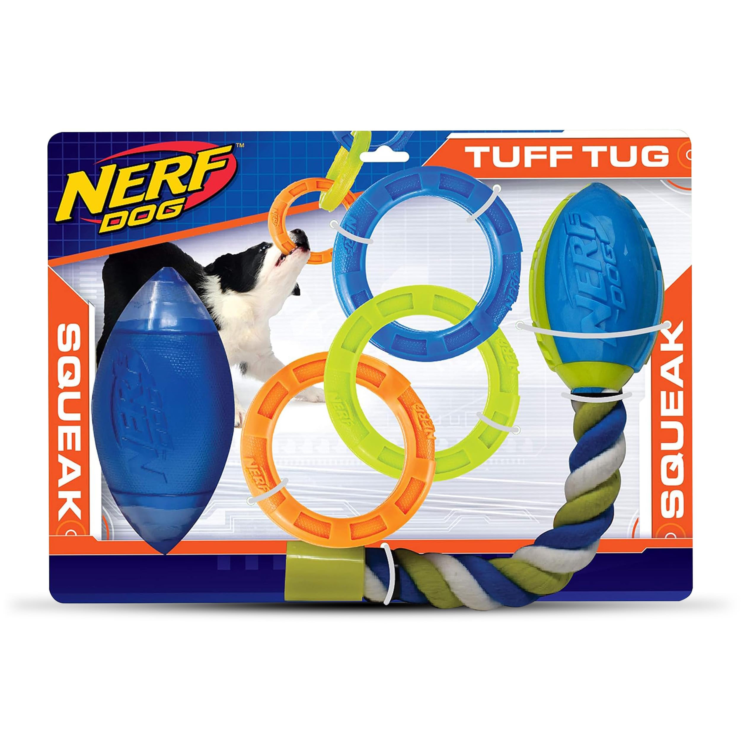 Nerf Dog 3 Parça Köpek Oyuncak Hediye Seti, 7 inç TPR Klasik Squeak Futbol, 10,5 inç TPR 3 Halka Çekme ve 14,5 inç TPR 2 Parça Nitro Blitz İp Kuyruklu Squeak Futbol, Nerf Sert Malzeme, Çok Renkli