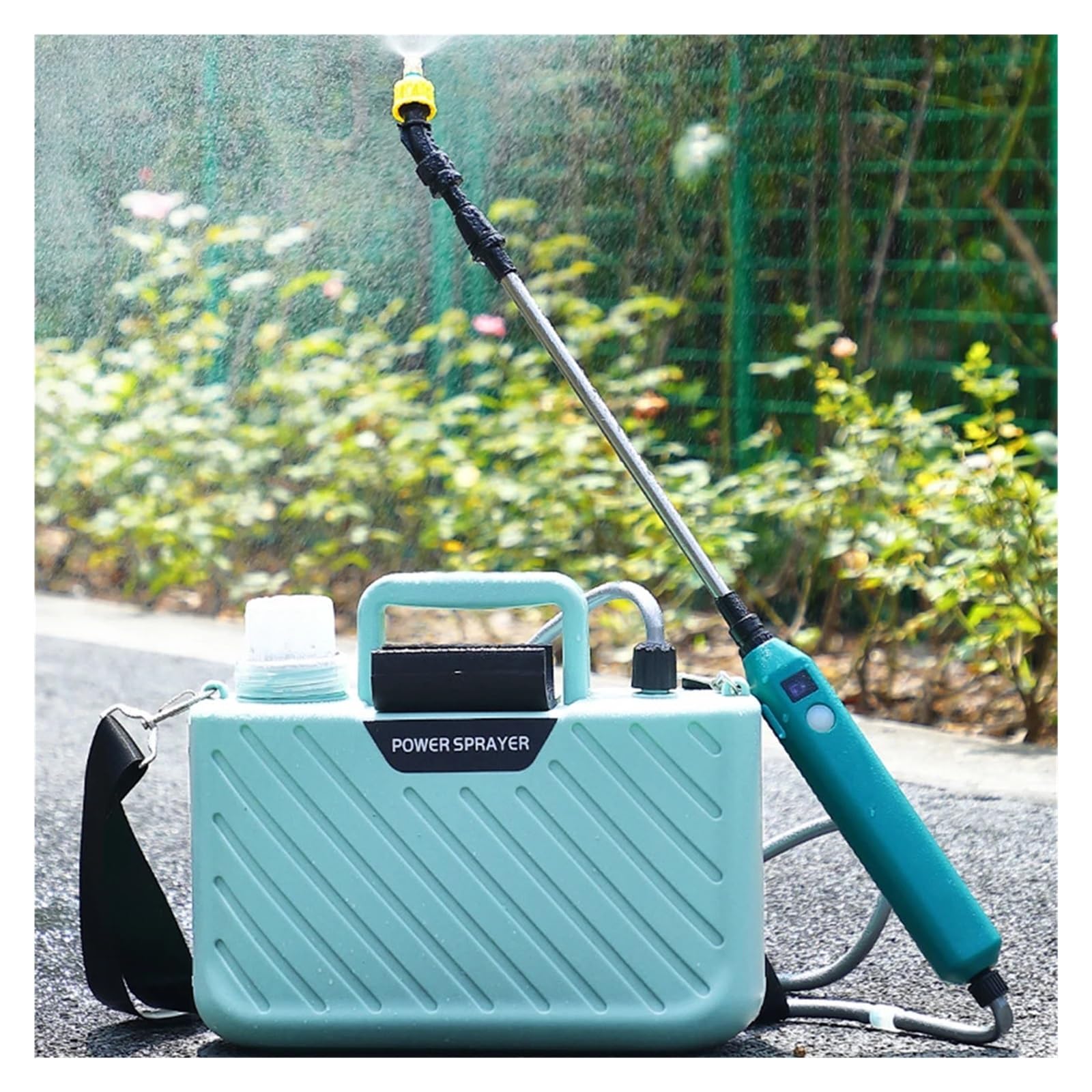 Spruzzatore elettrico, Spruzzatore da giardino elettrico 5 litri, spruzzatore prato ricaricabile tramite USB con bacchetta telescopica, tracolla regolabile, 2 ugelli nebulizzatori(5 Meters Water Pipe)