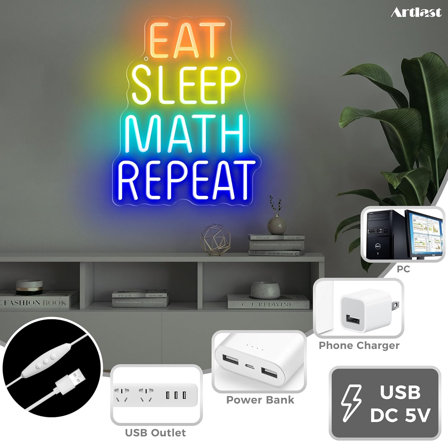 Eat Sleep Math Repeat LED Neon Sign Fun & Motivational Decor for Math Lovers Students Classroom Study Room USB Powered Dimmable Light Up Sign (10.51x13.38 Inches)