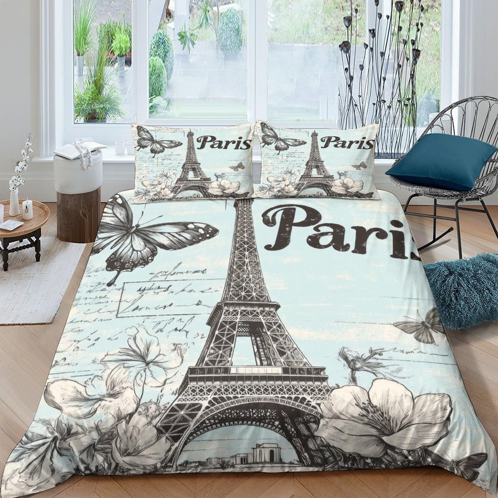 Ctjqhvkz Style-10 3D Printed Eiffel Tower Paris Fitted Sheet Microfiber Anti-Slip Floral Butterfly Bed Cover For Bedroom Guestroom Decor Single（135X200cm）