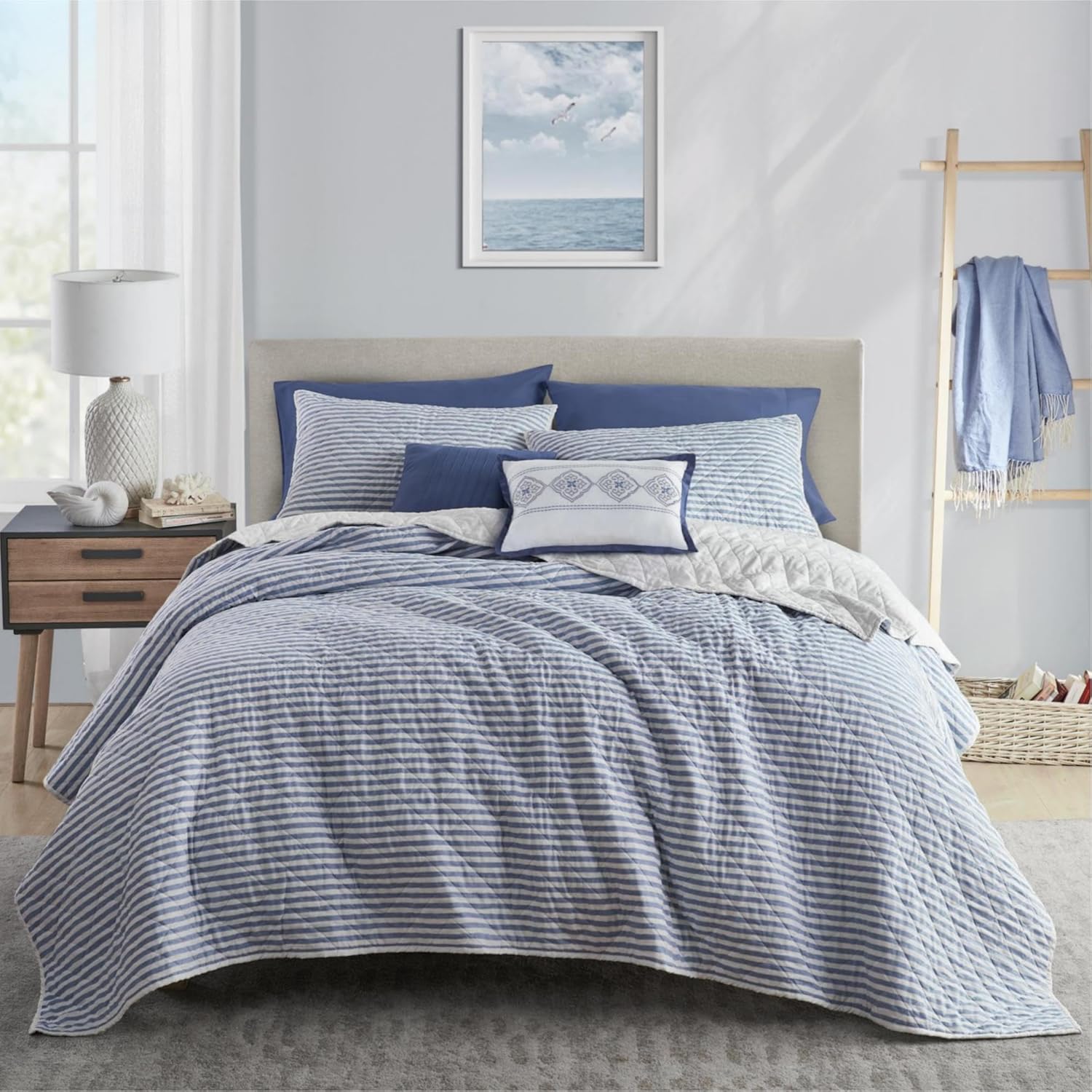 Wonderful Cotton Quilt Set King Size, 3-Piece Blue Classic Stripe Bedding, Soft Breathable Bedspread for All Season, Lightweight Farmhouse Comforter for Bedroom & Guest Room | Comfortable, Versatile Fit, Time-Saving, Multiple Sizes