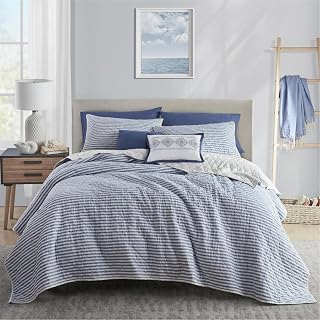 Wonderful - Blue Classic Ticking Stripe Quilt Set Queen Size, 3-Piece 100% Cotton Face & Fill Nautical Coastal Bedding, Rustic Farmhouse Bedspread Coverlet for All Season