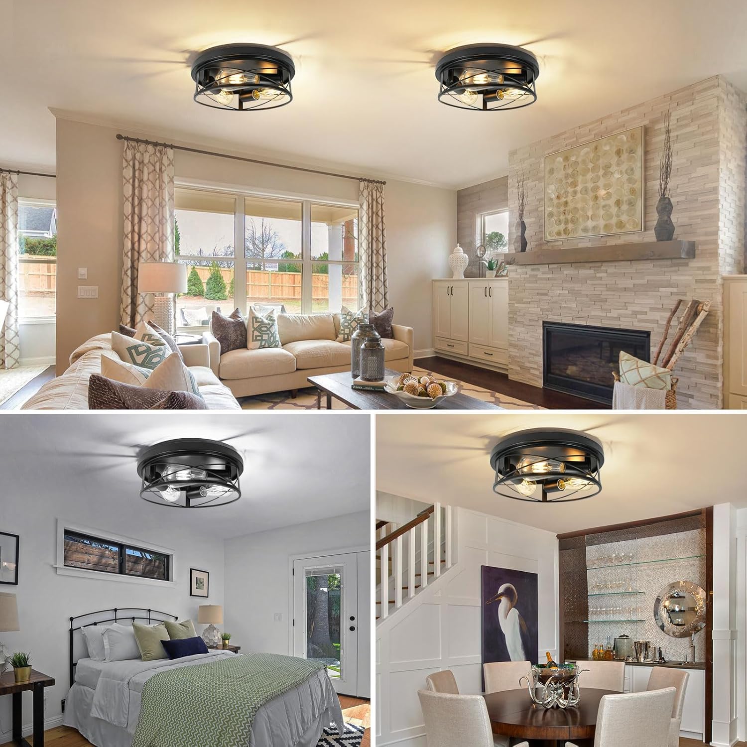 2 Pack Farmhouse Ceiling Light - 12 Inch Big Dimmable Rustic Black Flush Mount E26 Industrial Ceiling Modern Led Light for Hallway Bathroom Kitchen Bedroom (Black, 12 Inch)