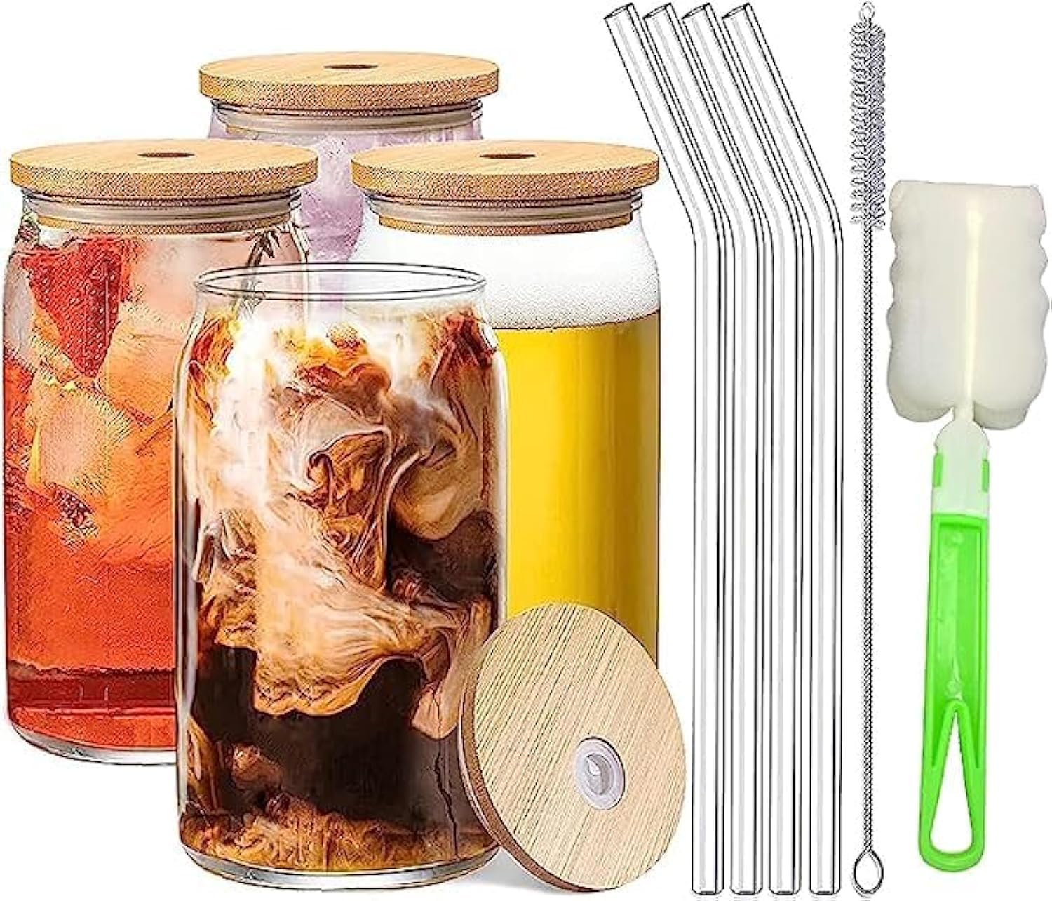 GGerou 4Pcs Glass Cups with Bamboo Lids and Glass Straw- Beer Can Shaped Drinking Glasses Set,Cute Boba Drinking Glasses,Reusable Travel Tumbler Bottle for Smoothie,Iced Coffee,Bubble Tea 400 ML