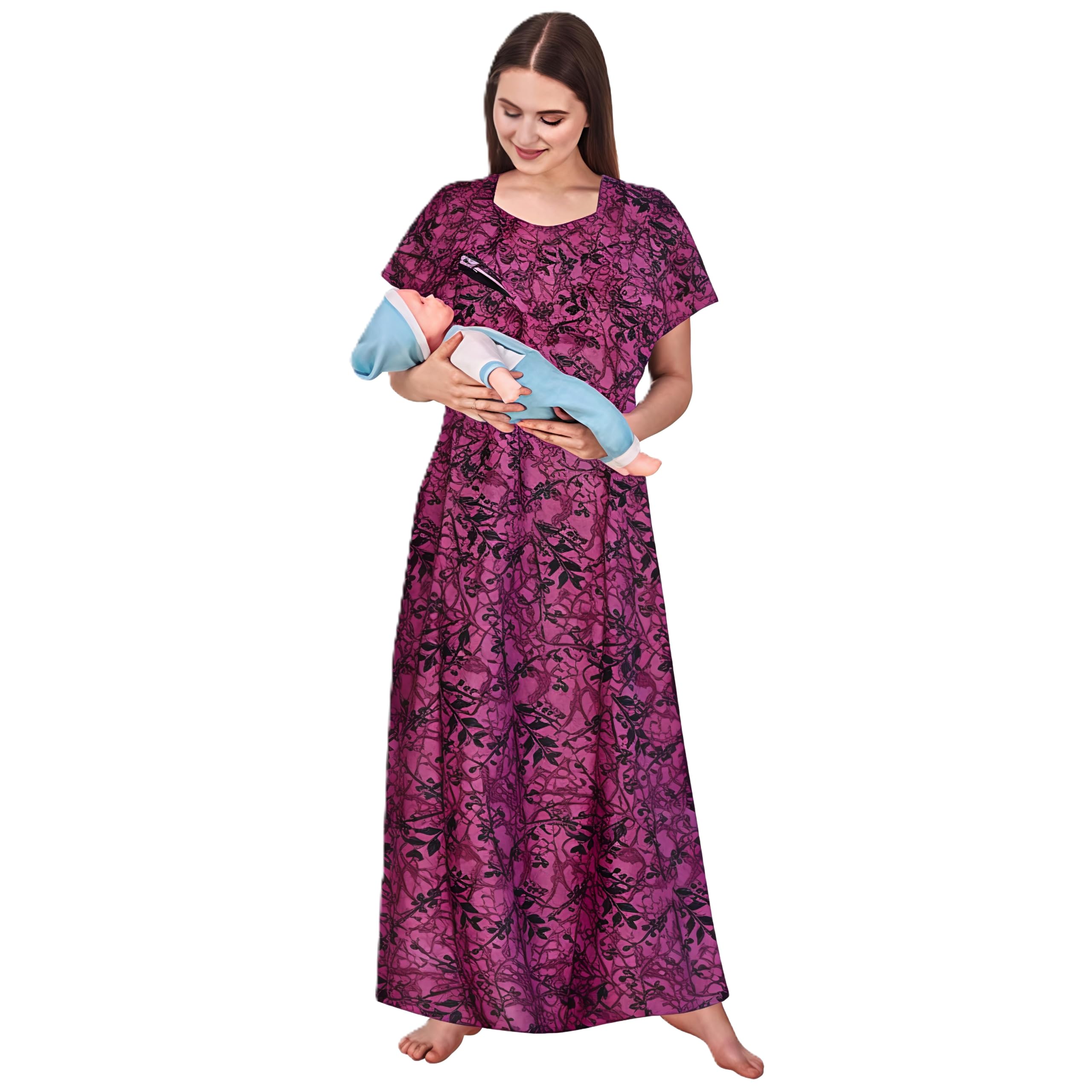 Cotton Feeding Gown for Women | 54" Maternity Nursing Maxi with Zip Opening at Bust | Leaf Floral Printed Feeding Sleepwear Multipurpose Nighty | Free Size (Fit to M to XXL)-image-6