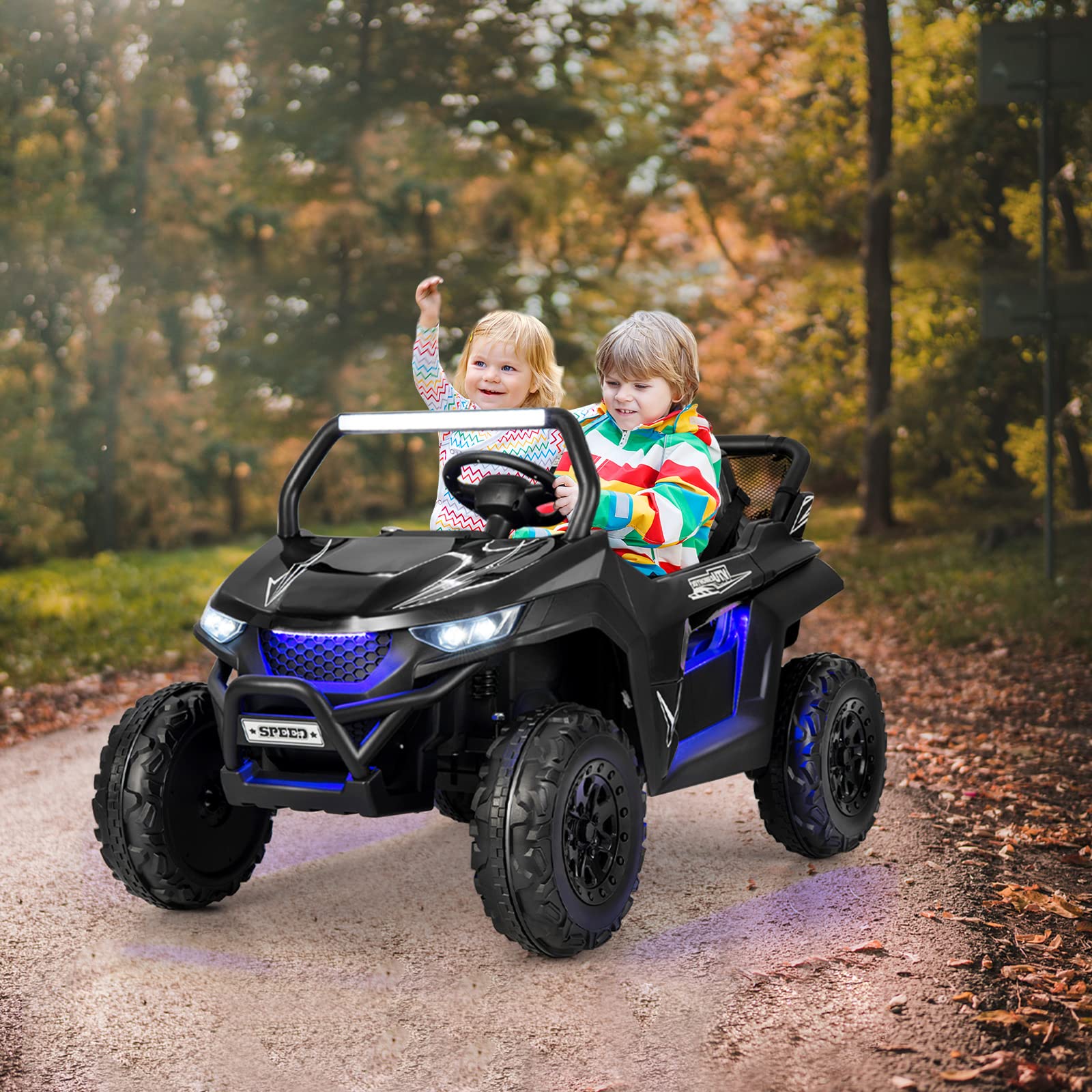 GYMAX Auto Elettrica per Bambini a 12 V, Veicolo per Bambini a 2 Posti con Telecomando, Fari, Musica, Luci e Borsa per Conservazione, per 3-8 Anni (Nero)