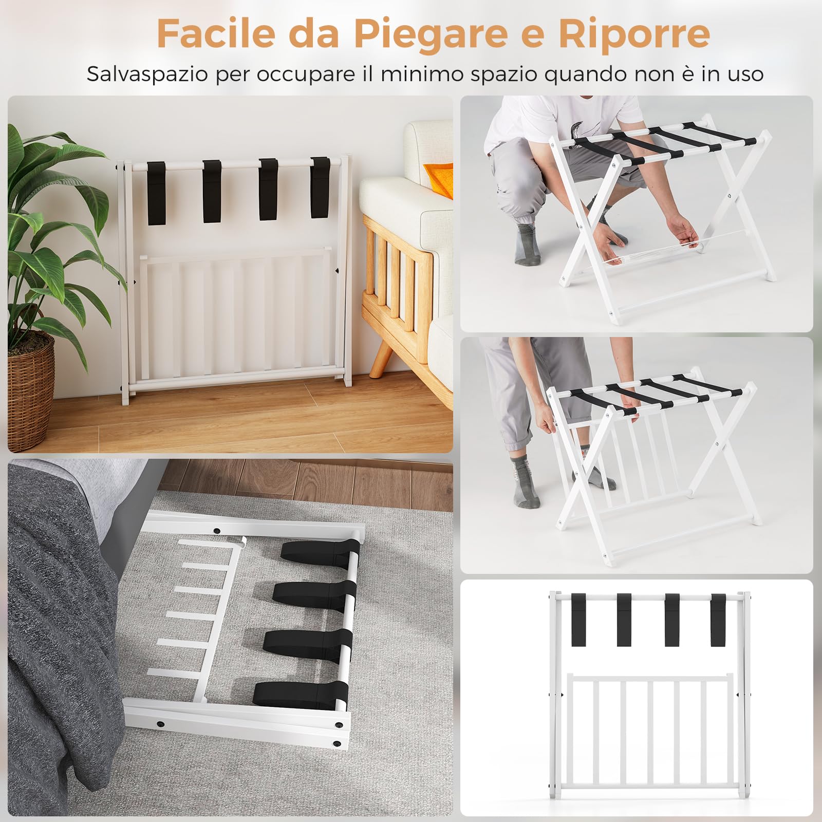 GYMAX Portavaligia da Hotel in Ferro 50 kg Pieghevole a 2 Ripiani 68x45x57 cm 2 Pezzi Bianco