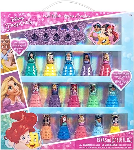 Disney Princess 15 Piece Water-Based Nail Polish with 3 Toe Spacers, Quick Dry, Peel Off, Gift Kit Set for Kids Girls, Ages 3 by Townley Girl