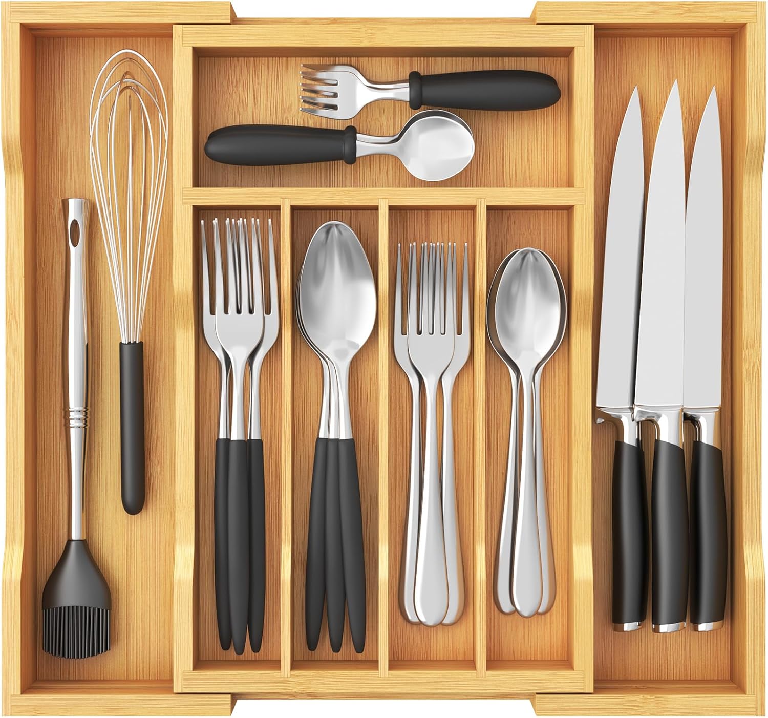 Lifewit Silverware Drawer Organizer, Expandable Utensil Tray for Kitchen, Bamboo Flatware and Cutlery Holder, Wood Adjustable Storage for Spoons Forks Knives, 15.7 x 13 x 2 inches, Natural Natural 9.4~15.7''W x 13''D