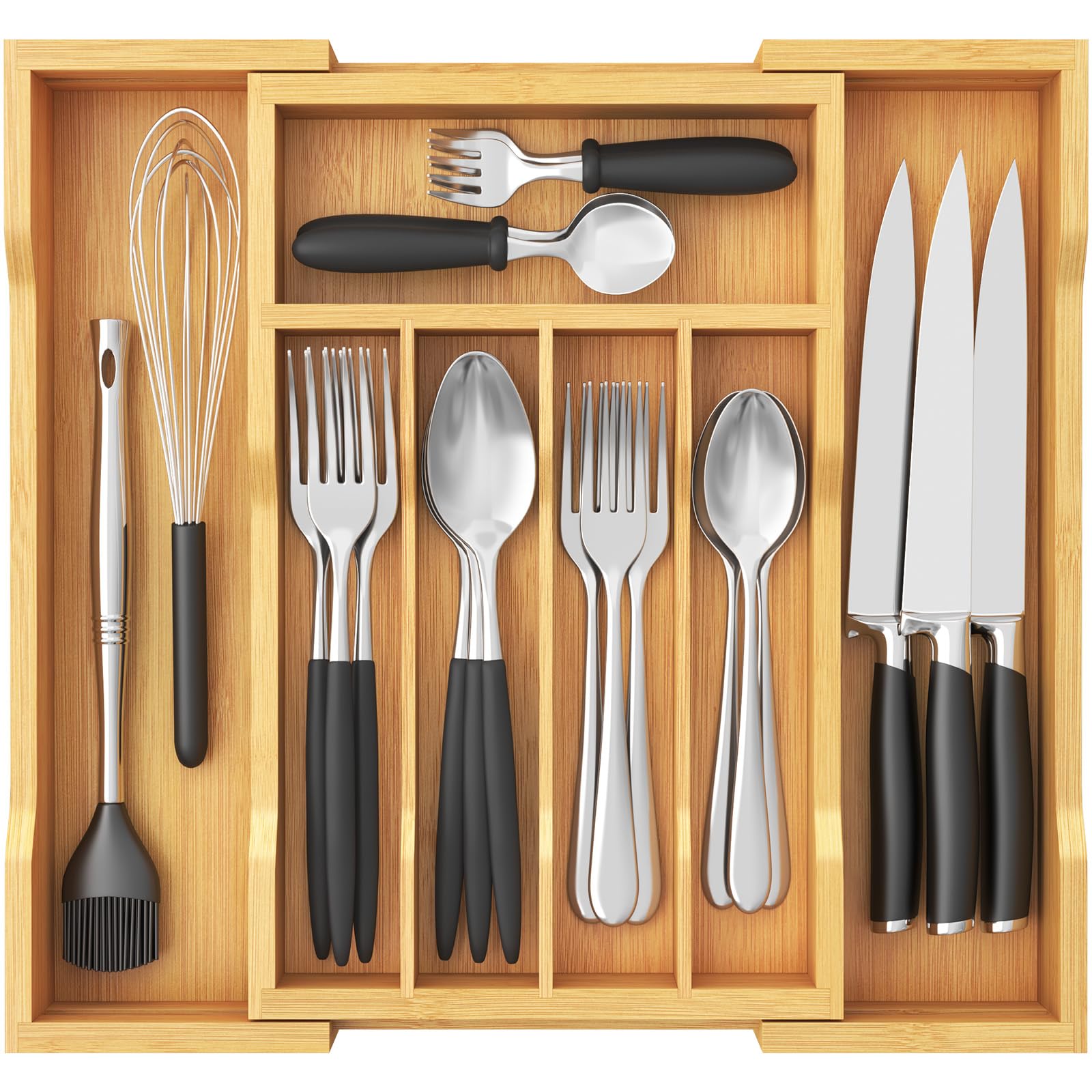 Lifewit Cutlery Drawer Organiser, Extendable Cutlery Tray for Kitchen Drawers Insert, Wood Utensil Holder Adjustable Storage for Spoons Forks Knives, 24-40x33cm, Natural