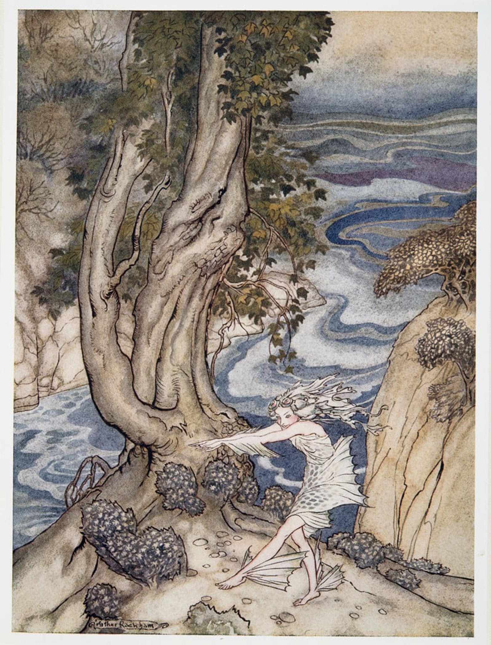 ARTXLXXBN Famous Painting Art Wall Decor Abstract Art Picture Re-enter Ariel Like a Water-nymph by Arthur Rackham Animal Pictures for Home Decor 60x90cm