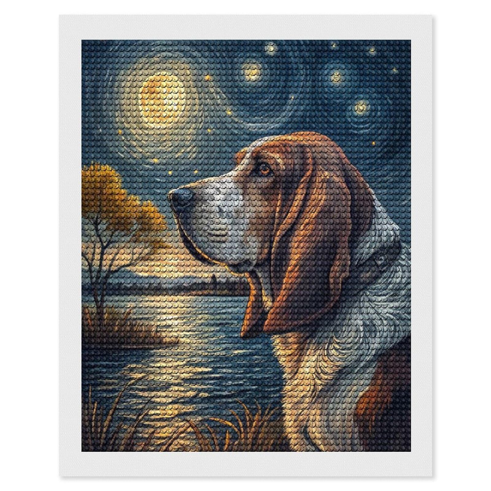 Junmoney Basset Hound Under A Starry Night Sky Crystal Diamond Art Kit 16"x20", Modern Decor, Boho Decor, Wall Art Gift, Decorative Artwork, Creative Hobby