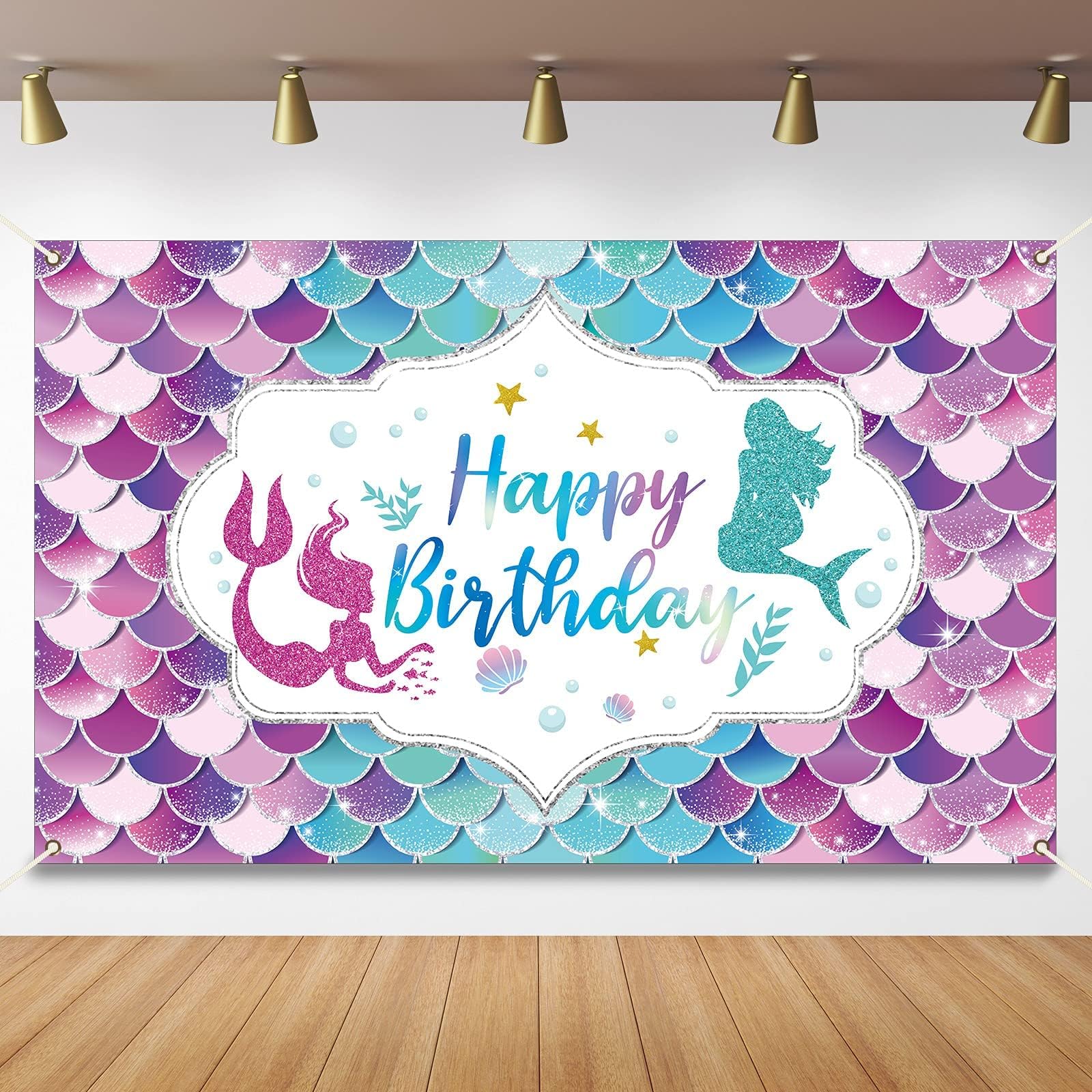 THOMIX Indoor Outdoor Car Party Decoration Supplies, At Ocean Birthday Party For Princess, Mermaid Happy Birthday Backdrop Flag, Big Mermaid Theme Birthday Backdrop