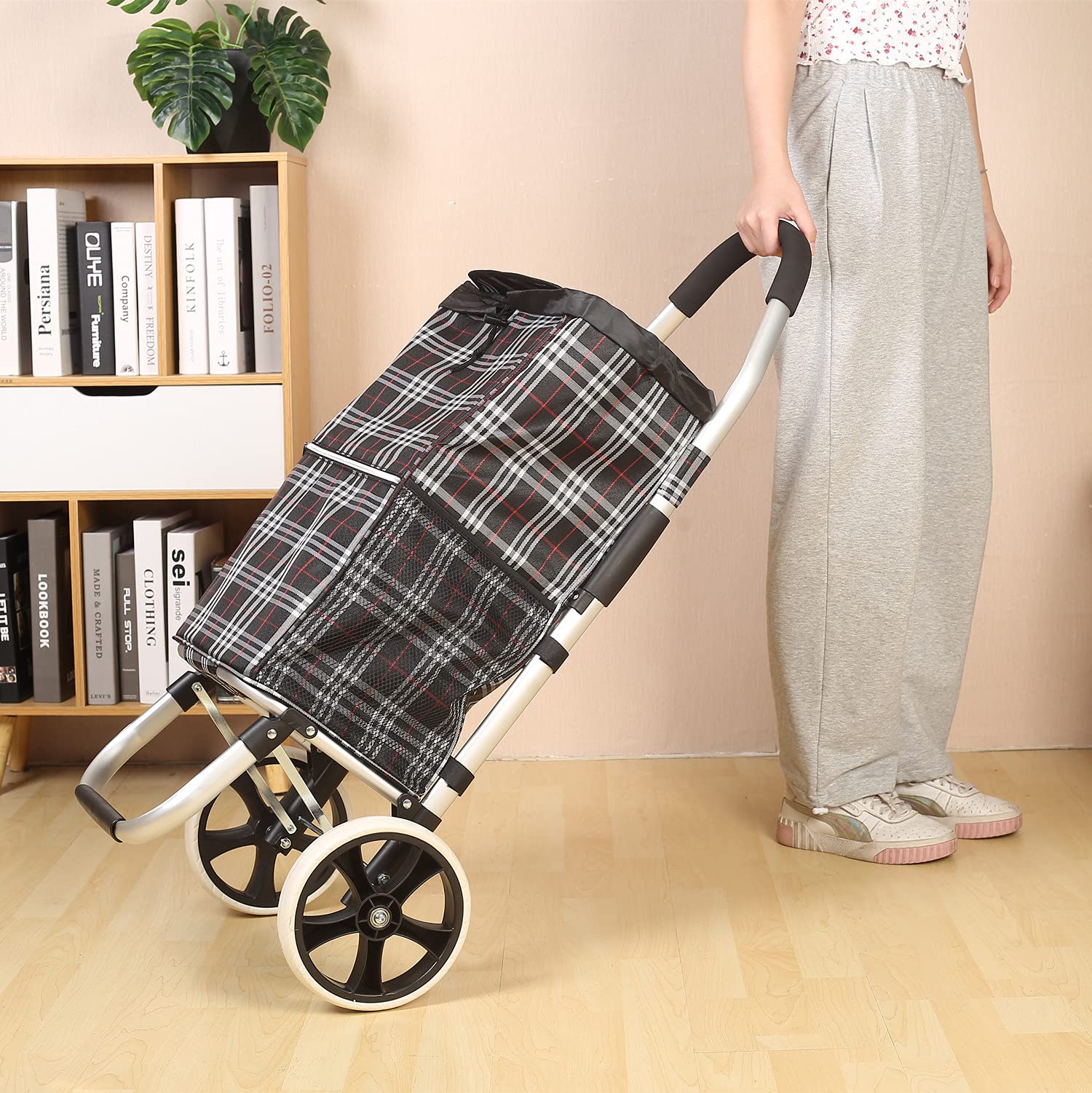 Falytemow Foldable Shopping Cart 2 Wheels 40 inch Handle Height Utility