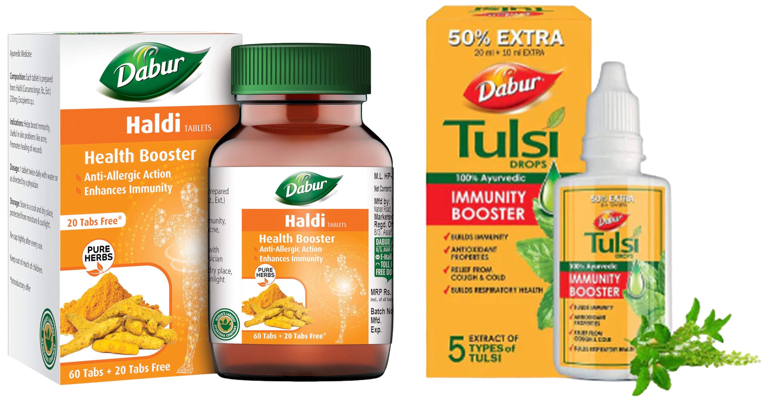 Dabur Haldi Tablet - Health Booster Anti Allergen Enhances Immunity Pure herbs – 60 tabs (Get 20 tabs free) & Dabur Tulsi Drops : 30ml (20ml + 10ml Free) Contains Extracts of 5 Rare Tulsi-image-13