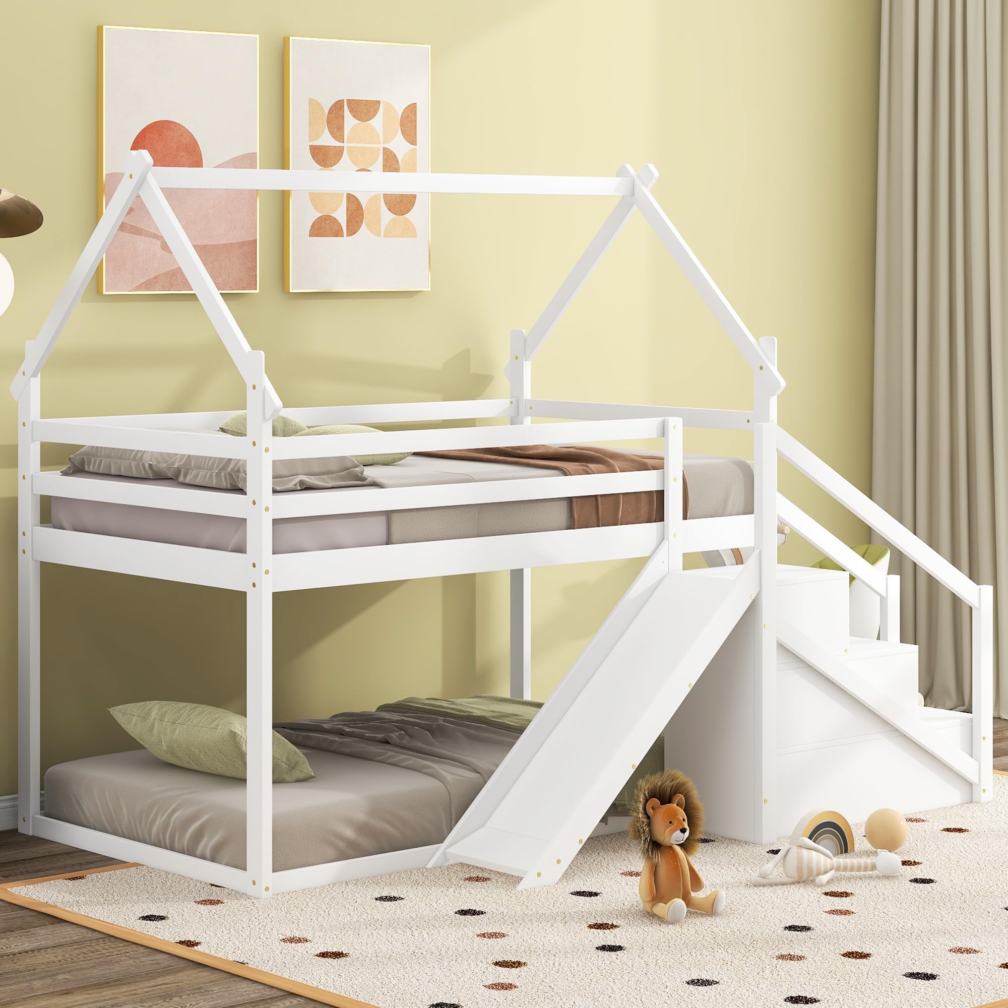 Harper & Bright Designs Twin Over Twin Bunk Bed with Slide and Staircase, House Bunk Bed for Kids, Wooden Twin Size Loft/Bunk Bed Frame with Storage for Kids Teens Boys Girls (White)