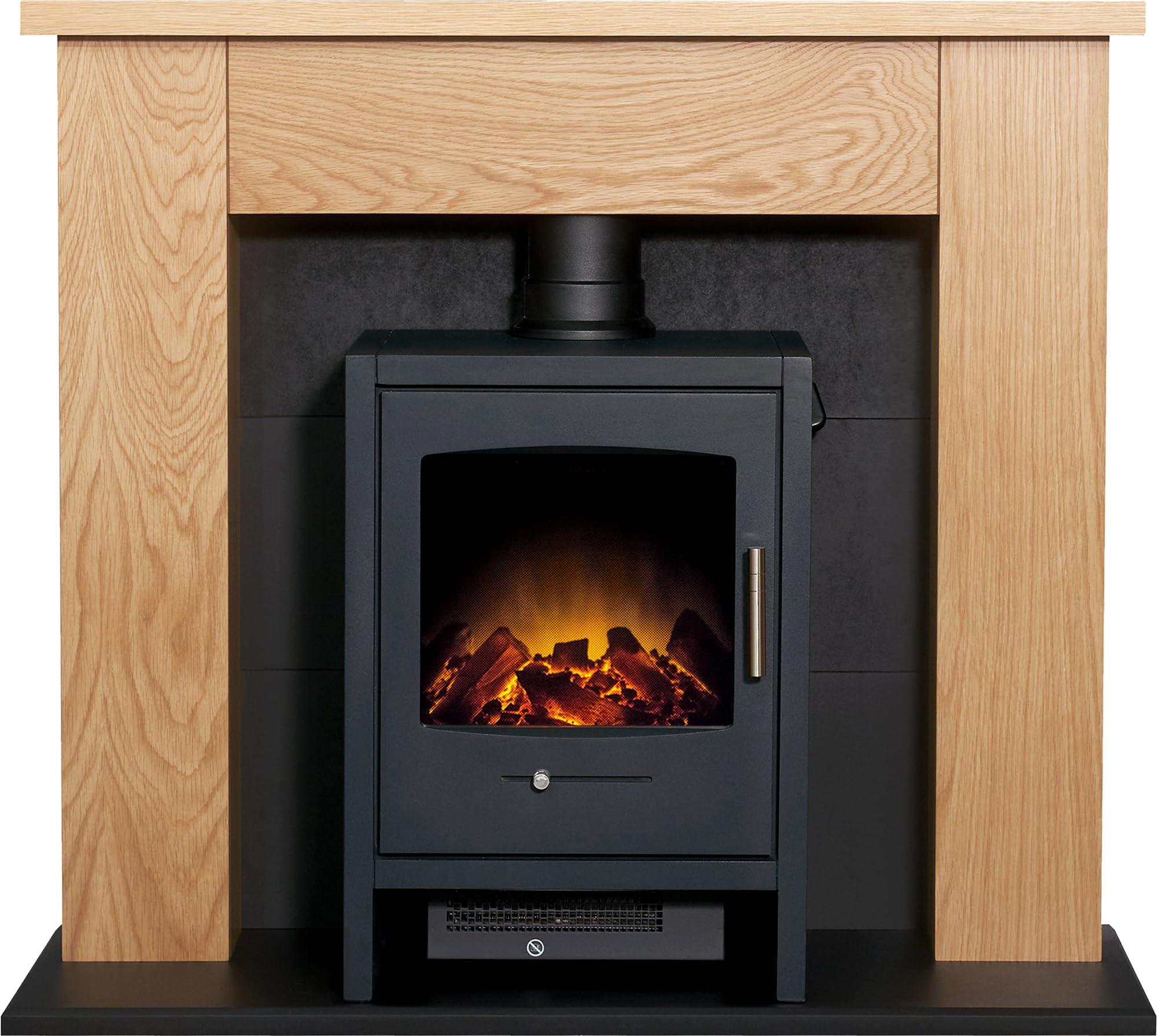 Adam Fires & Fireplaces Chester Oak & Black Fireplace Suite with Bergen Charcoal Grey Electric Stove - 39 Inch