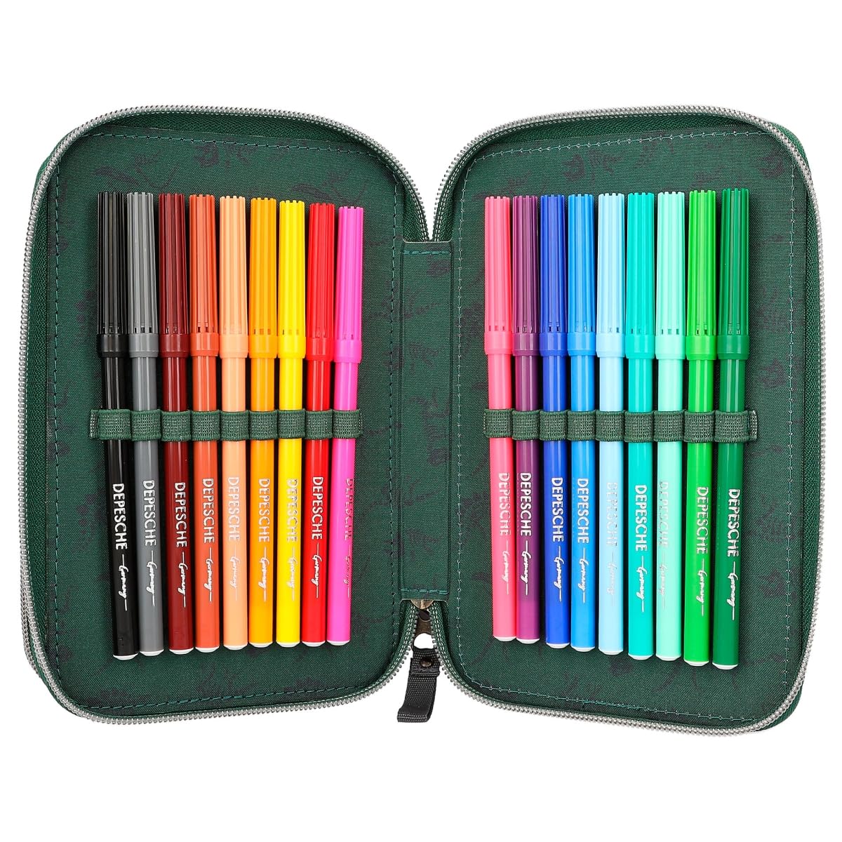 Depesche 12506 Dino World - Estuche de 3 compartimentos en diseño dinosaurio con cadena, lápices colores, regla, tijeras y mucho más.