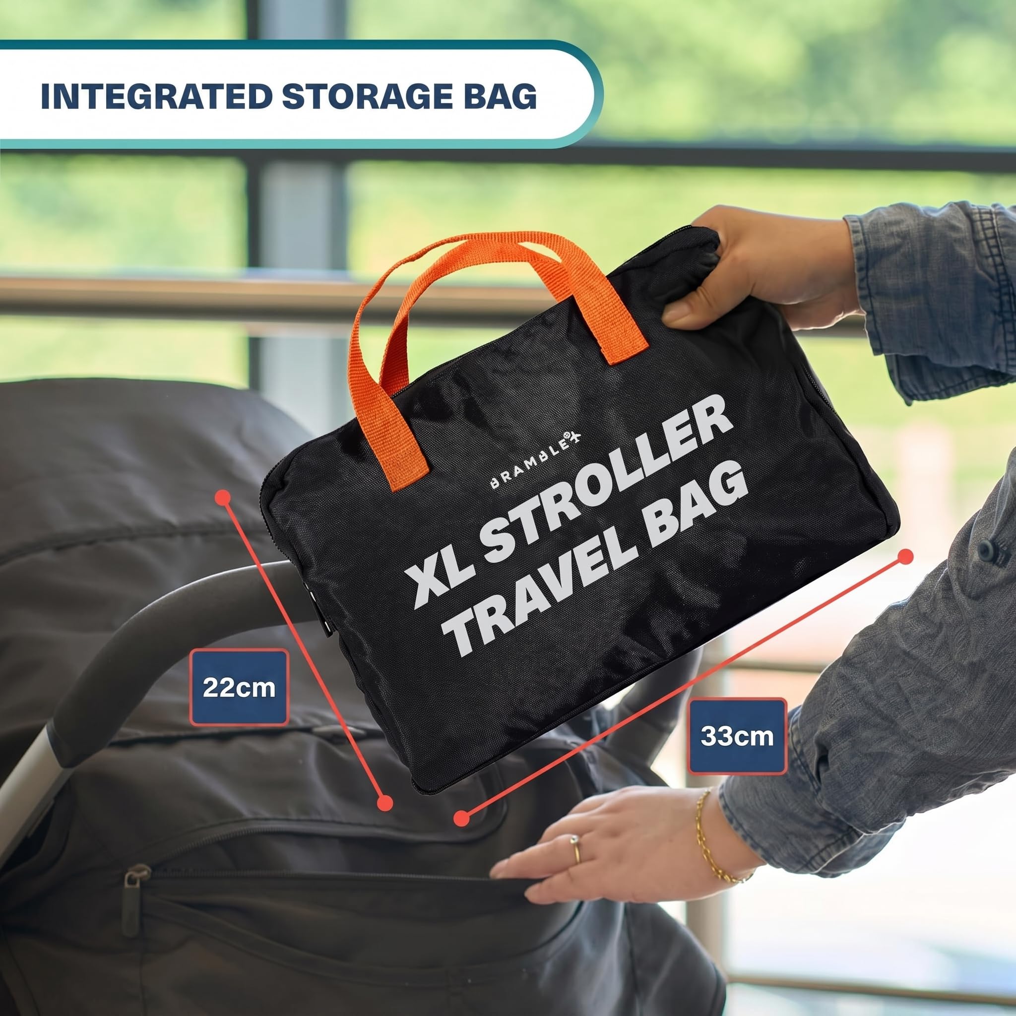 Bramble - Borsa da Trasporto Passeggino Gemellare XL per Aereo Gate Check - Nylon Balistico Idrorepellente con Spallacci Neoprene, Sacca & Finestra ID - 100 x 65 x 40 cm (Nero)
