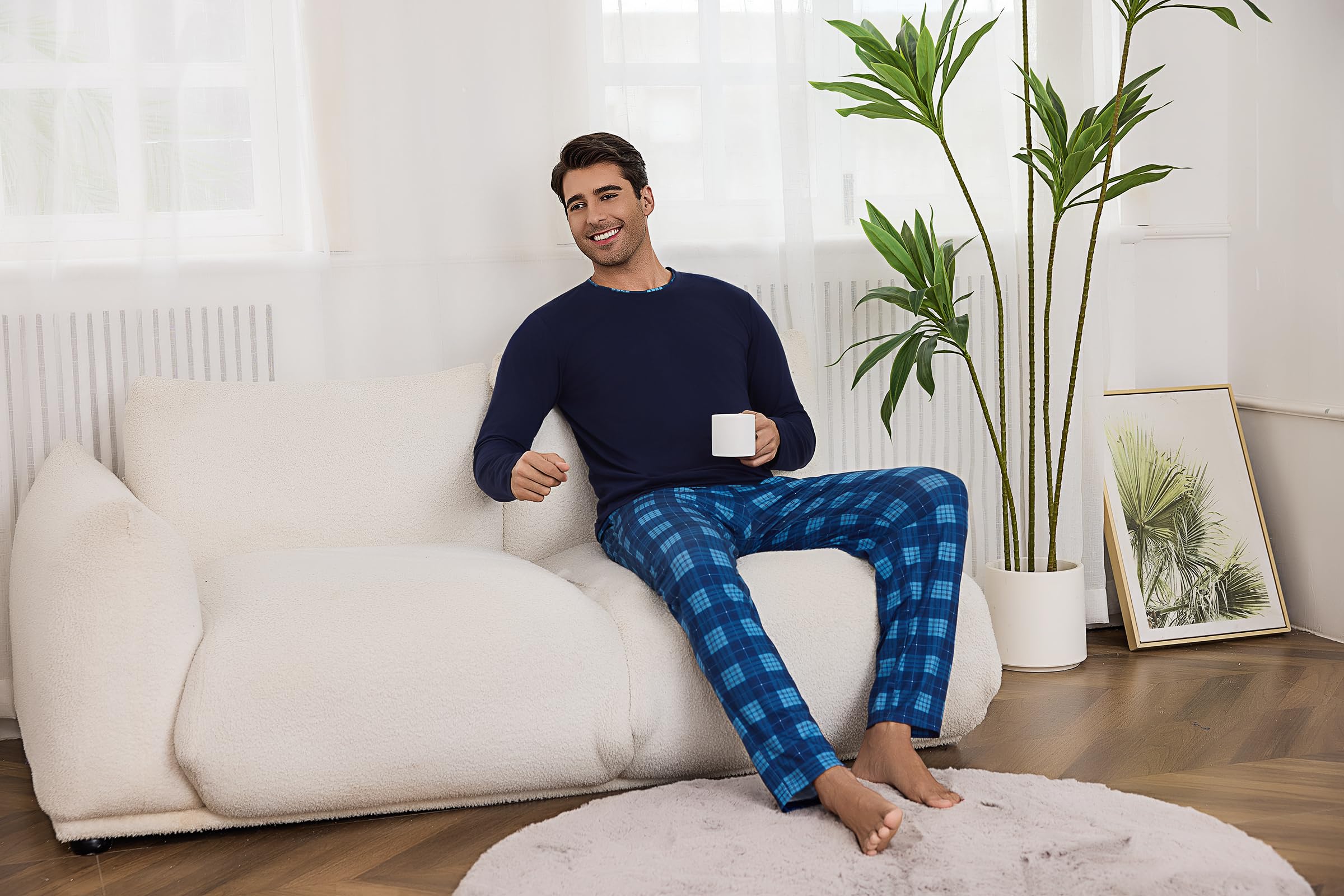 Litherday Pigiama Uomo Invernale Cotone Lungo Pajamas Due Pezzi Maniche Lunghe Pantaloni Lunghi Pigiami Morbido Loungewear con Tasche