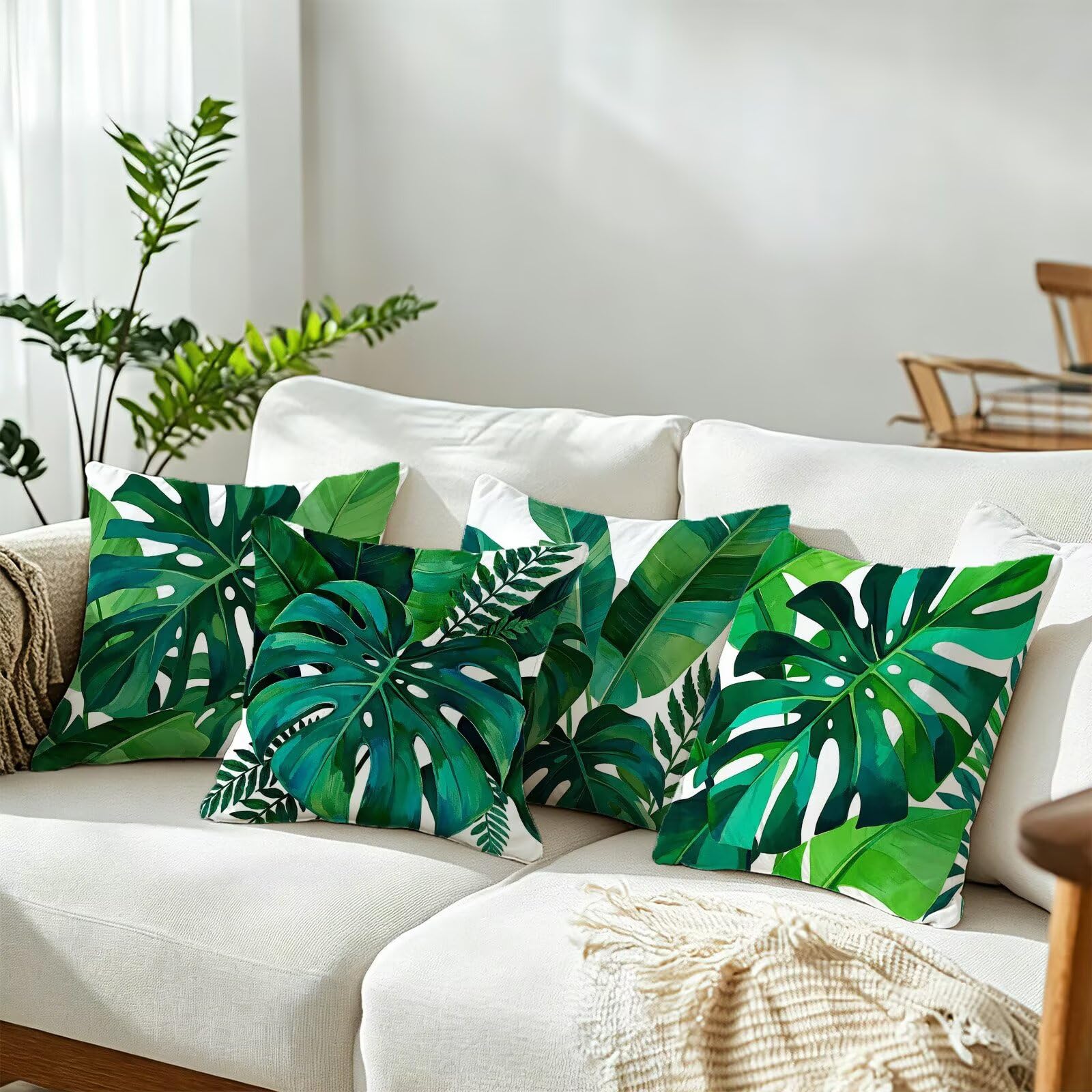 Verde Federe Cuscini Divano 50x50cm, Cuscini da Esterno Set de 4, Cod-130 | Velour Copricuscini Decorativi Letto Arredo, per Letto,Giardino, Esterno, Casa Decorazione Set di 4 Piante Tropicali