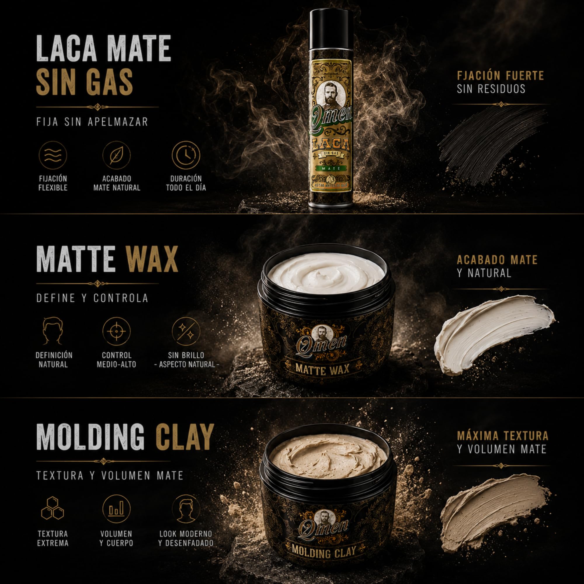 QMEN Kit Acabado Mate Hombre – Laca Mate Sin Gas + Cera Mate Wax + Molding Clay | Fijación Fuerte y Flexible | Cera Pelo Hombre Mate Natural | Styling Profesional Barbería