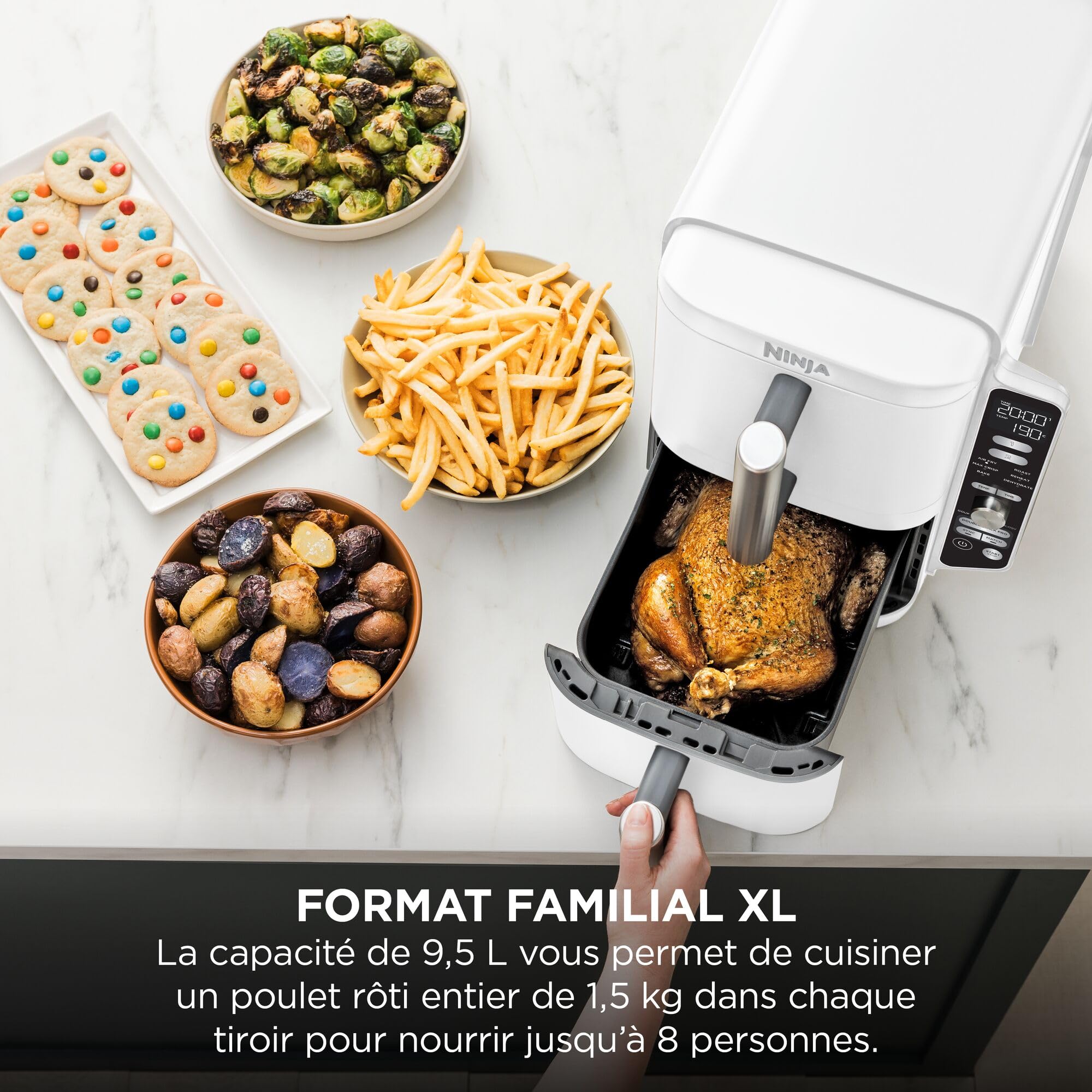 NINJA Double Stack XL Air Fryer, Friteuse sans huile Verticale Double Tiroir 4 Niveaux de Cuisson, 2 Tiroirs, 2 Grilles, Capacité de 9,5 L, 6 Fonctions, 8 Portions, Pinces, Blanc SL400EUWH