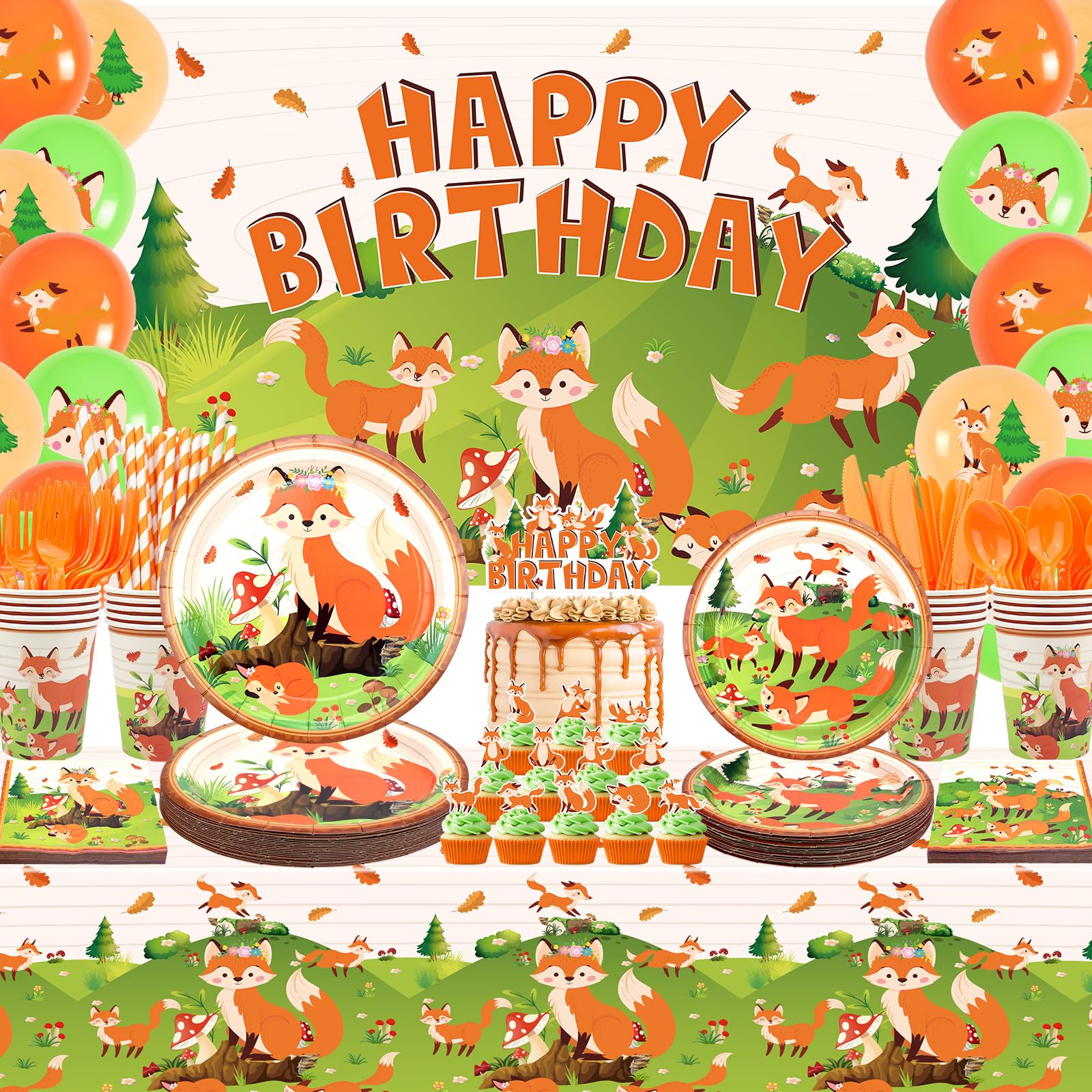 Fox Birthday Party Supplies, Including Happy Birthday Party Backdrop, Plates, Cupcake Toppers, Napkins, Cups, Tablecloths, for Girl Boy Fox Theme Baby