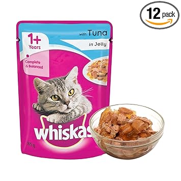 Whiskas Wet Cat Food, Tuna in Jelly for Adult Cats (+1 Year) ? 85 g Pouch (Pack of 12)