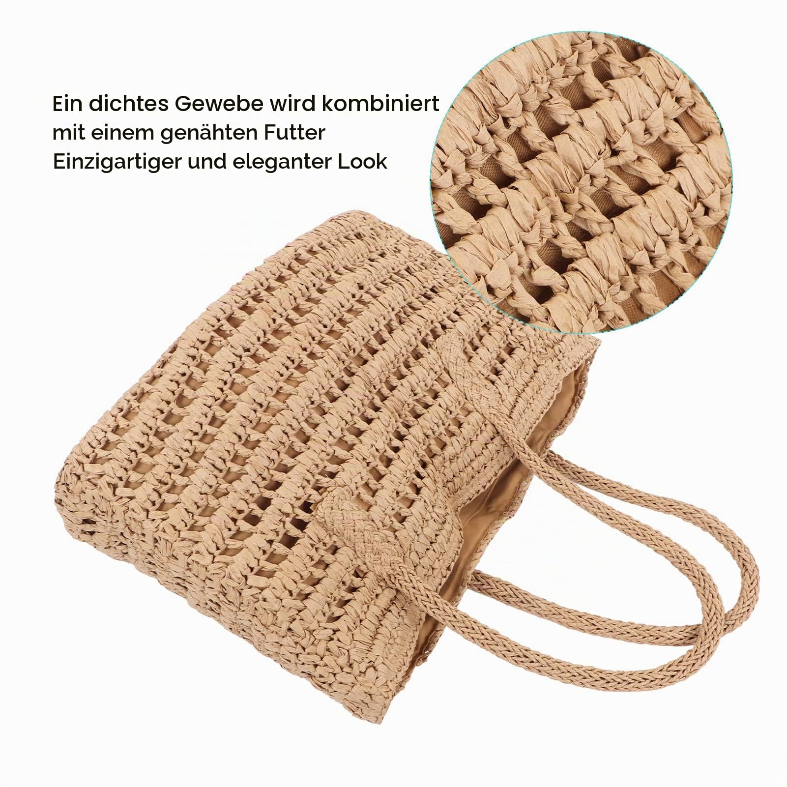 Strandtasche aus Stroh, Vintage-Handtasche aus Stroh, Ausgehöhlte, Gewebte Innentasche mit Reißverschluss für den Urlaub