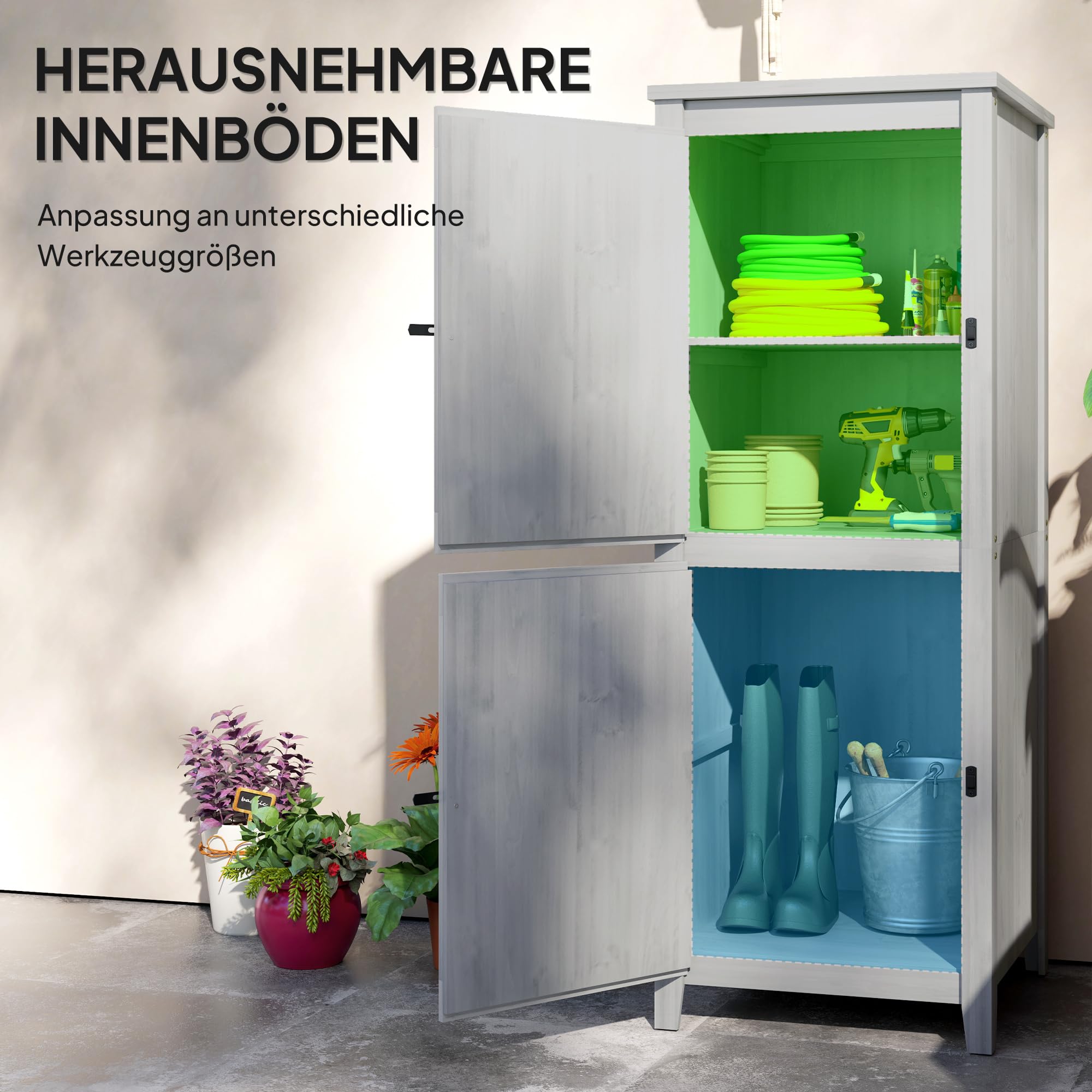 Outsunny Gartenschrank Holz Wetterfest Geräteschrank 60x60x160cm Hellgrau | Geräteschuppen, Gartenschuppen mit Ablagen, Doppeltür, Abschließbar, Gerätehaus Werkzeugschrank, Draußen Schrank