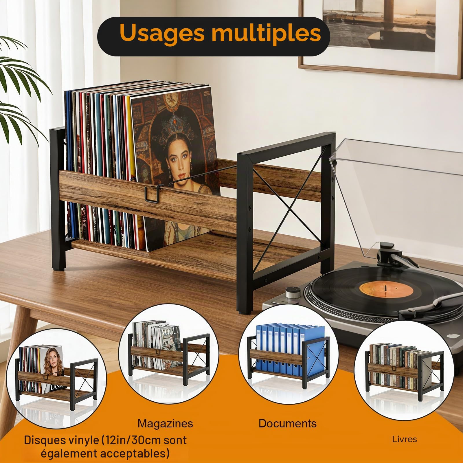 Support Pour Disques Vinyles, 44 x 37 x 26,8 cm | Avec Pince De Séparation Antidérapante, Organiseur Pour CD, Albums, Magazines Et Livres