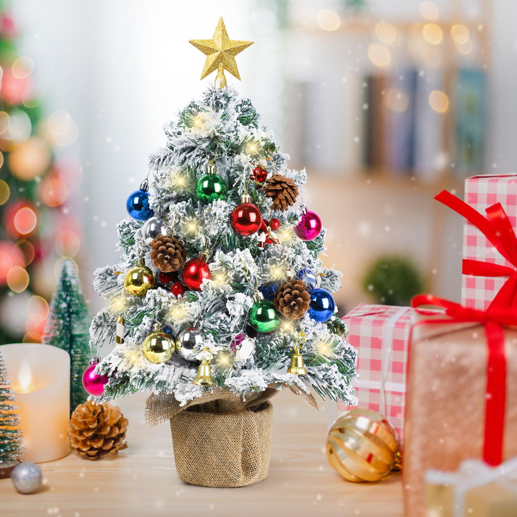 2FT Small Christmas Tree with Lights, Snowy Artificial Mini Christmas Tree, Table Top Christmas Tree Christmas Decorations Indoor Outdoor DIY for Home Decor Party Gifts (White)