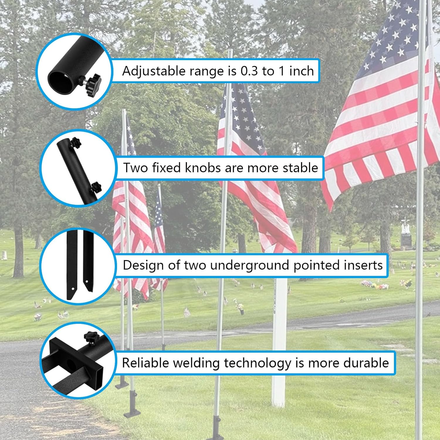 Flag Spike Ground Stake, Ajustable Metal Flag Pole Stakes, Feather Flag Stake Base, Ground Spike Flag Pole Holder, Ground Outdoor Banner Stakes for Garden Lawn Suitable for 0.5-1 inch Rods - Image 3