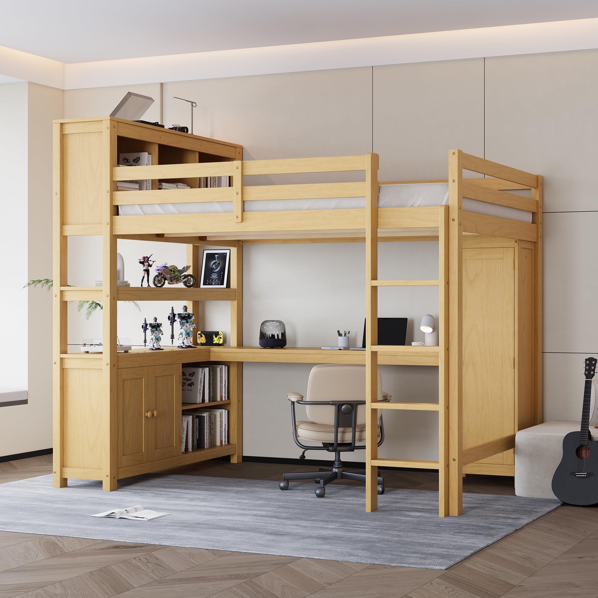 Bellemave Solid Wood Queen Size Loft Bed with Desk and Wardrobe,Loft Bed Frame with Storage Shelves and Bookcase for Kids,Teens,Adults,Queen Size,Space Saving,Natural