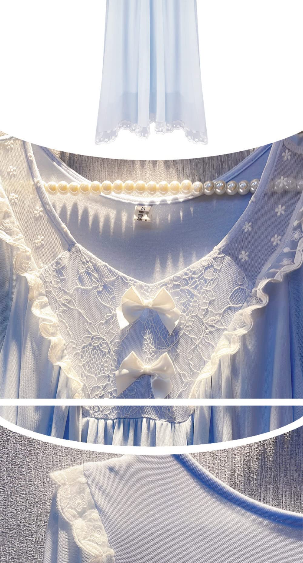 Nachtwäsche Damen,Damen-Nachthemden, Hellblau, Rundhals, Spitze, Rüschen, Schleife, Netz, Elegantes Schlafhemd, Weiches, Bequemes, Lange Ärmel, Nachthemd, Loungewear Für Damen, Mädchen, Pyjama-