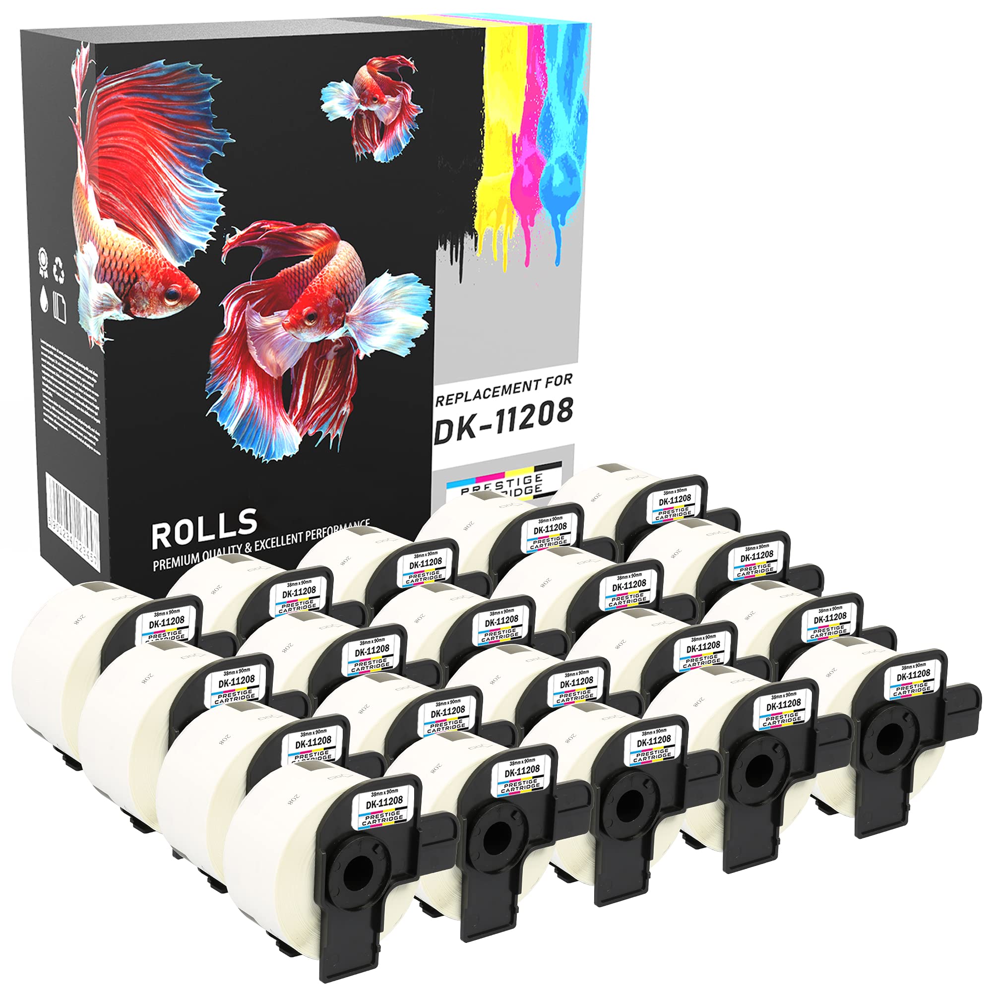 20x Compatibles Rollos DK-11208 38mm x 90mm Etiquetas adhesivas para Brother P-Touch QL-500 QL-550 QL-560 QL-570 QL-700 QL-720NW QL-800 QL-810W QL-820NWB QL-1050 QL-1110NWB (400 Etiquetas por Rollo)
