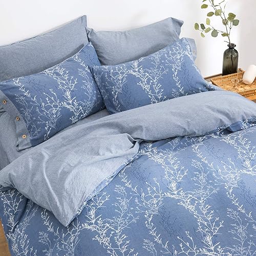 Miniatura 9 de OREISE Juego de funda de edredón tamaño King, hilo de algodón lavado, jacquard gris y blanco, patrón de ramas gruesas, estilo floral, juego de ropa